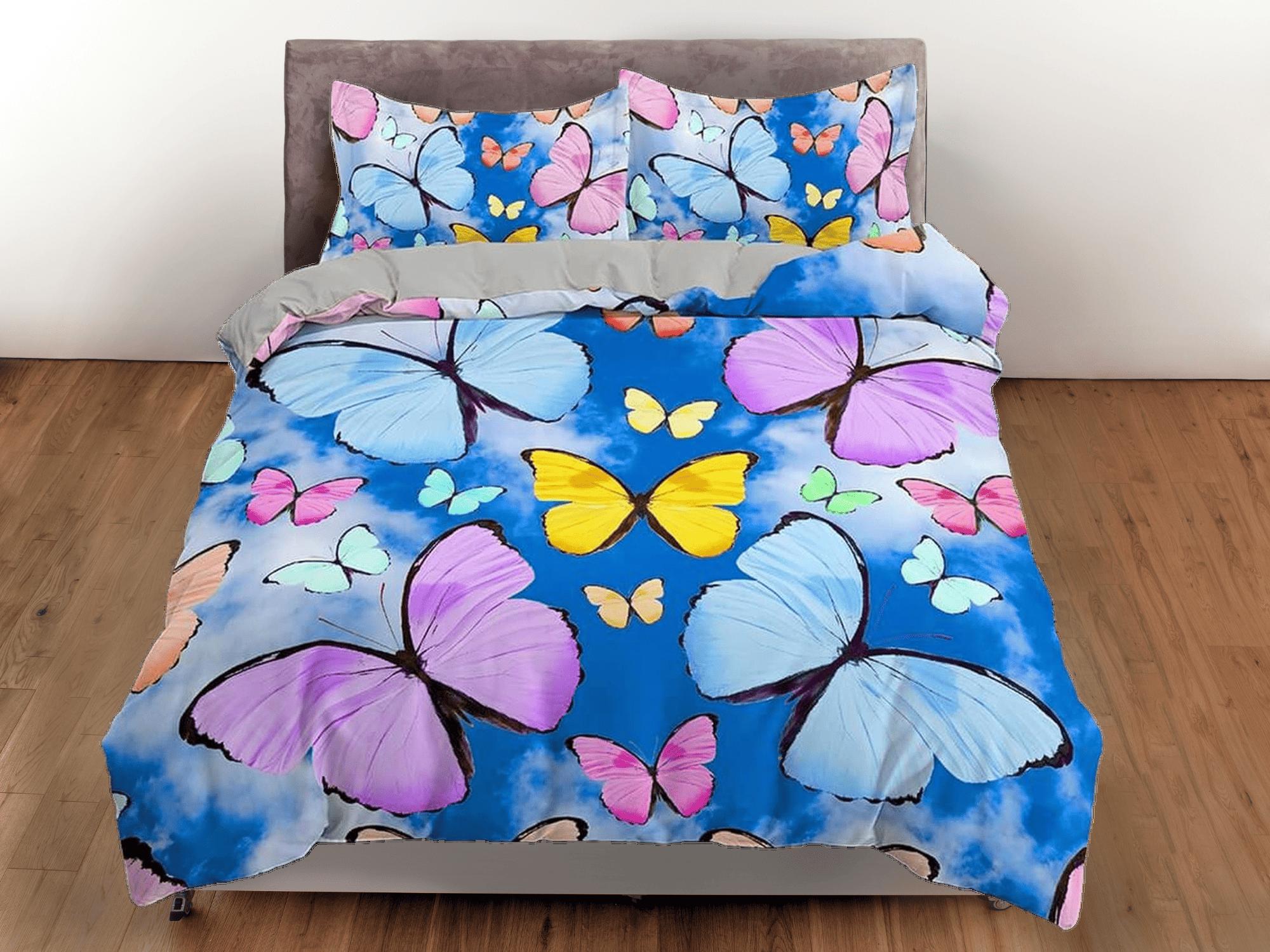 daintyduvet Colorful butterfly bedding blue duvet cover dorm bedding, full size adult duvet king queen twin, butterfly nursery toddler bedding