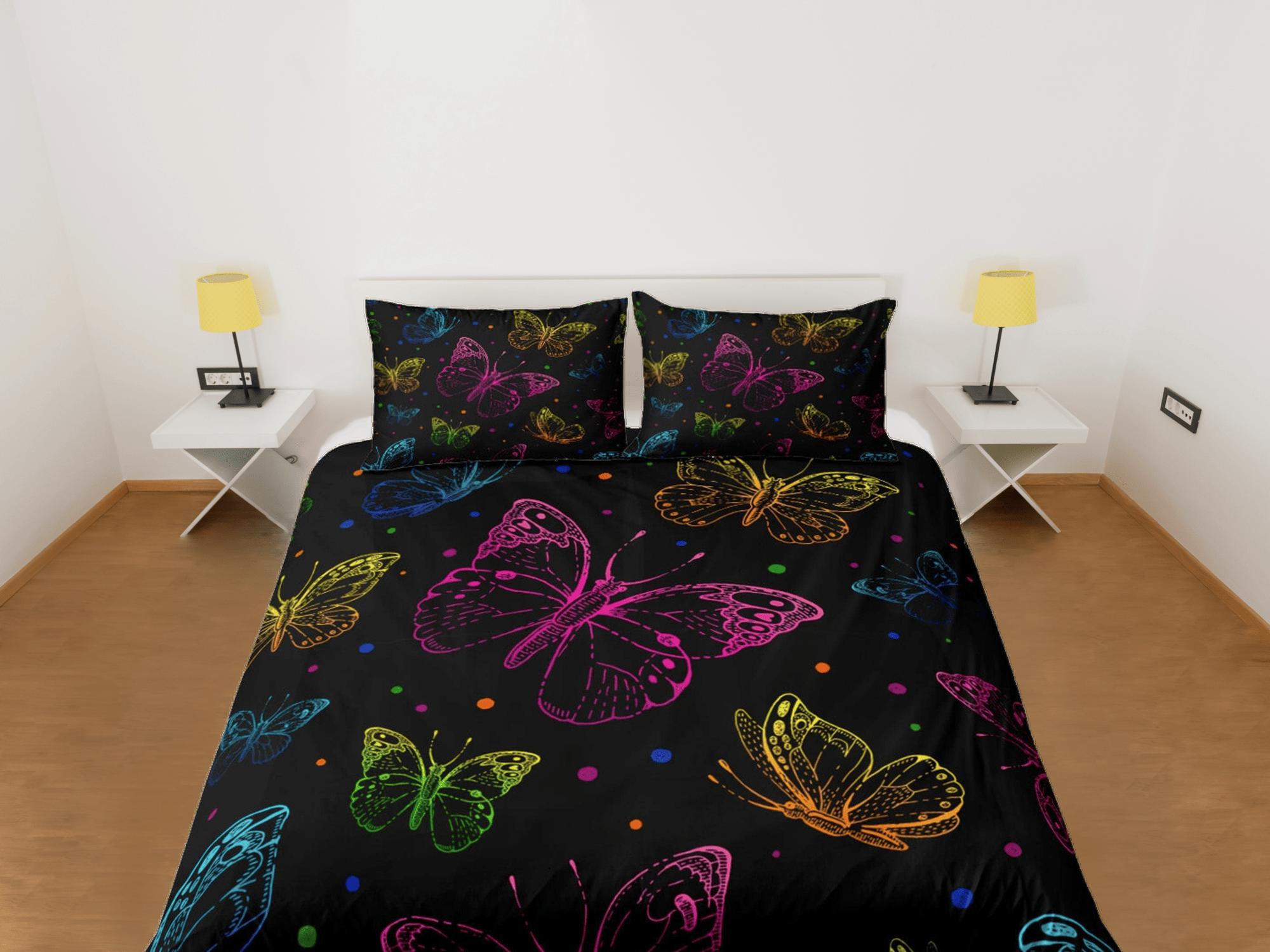 daintyduvet Colorful butterfly bedding boho chic aesthetic black duvet cover, dorm bedding full size adult duvet king queen twin, nursery toddler