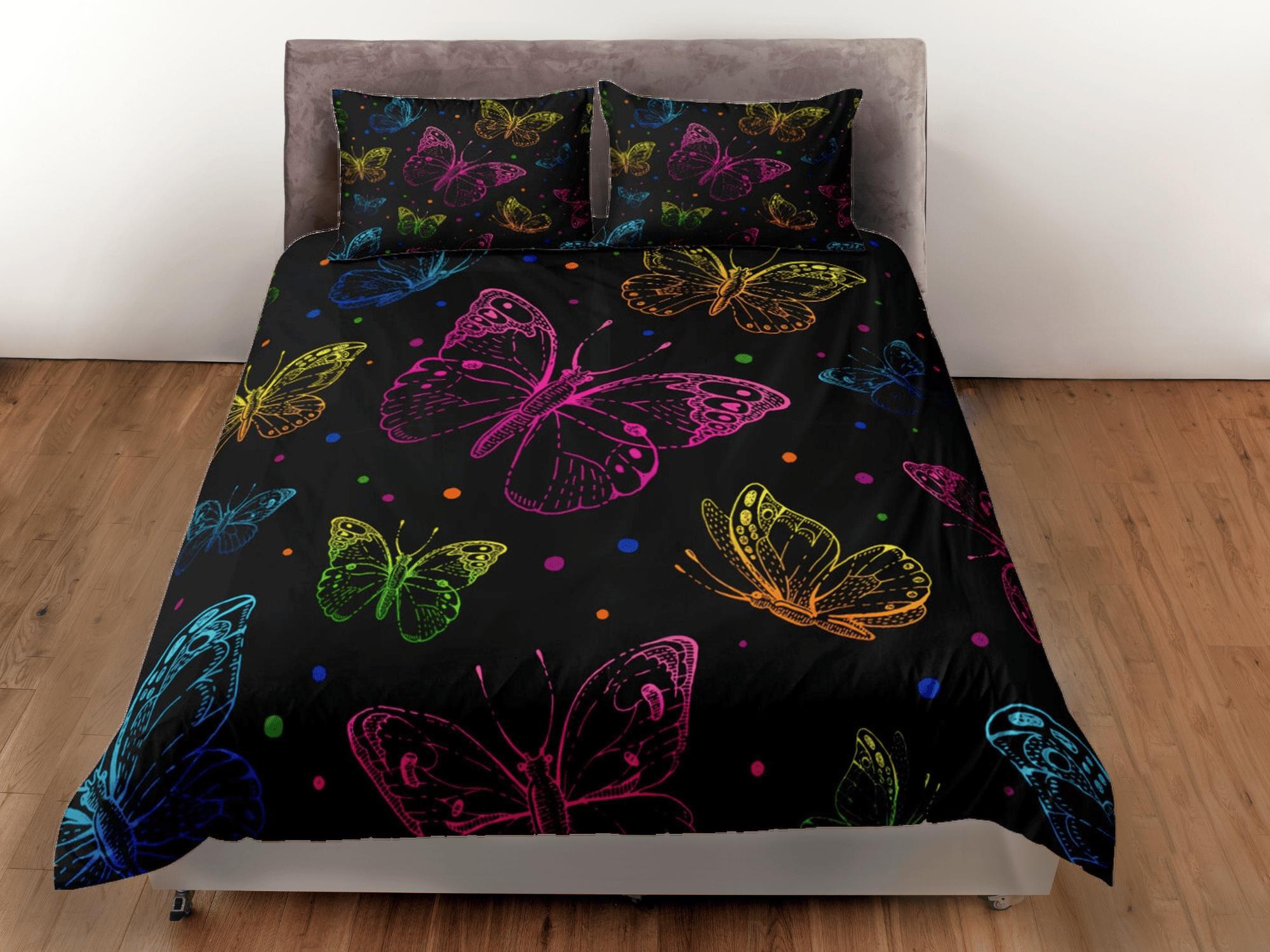 daintyduvet Colorful butterfly bedding boho chic aesthetic black duvet cover, dorm bedding full size adult duvet king queen twin, nursery toddler