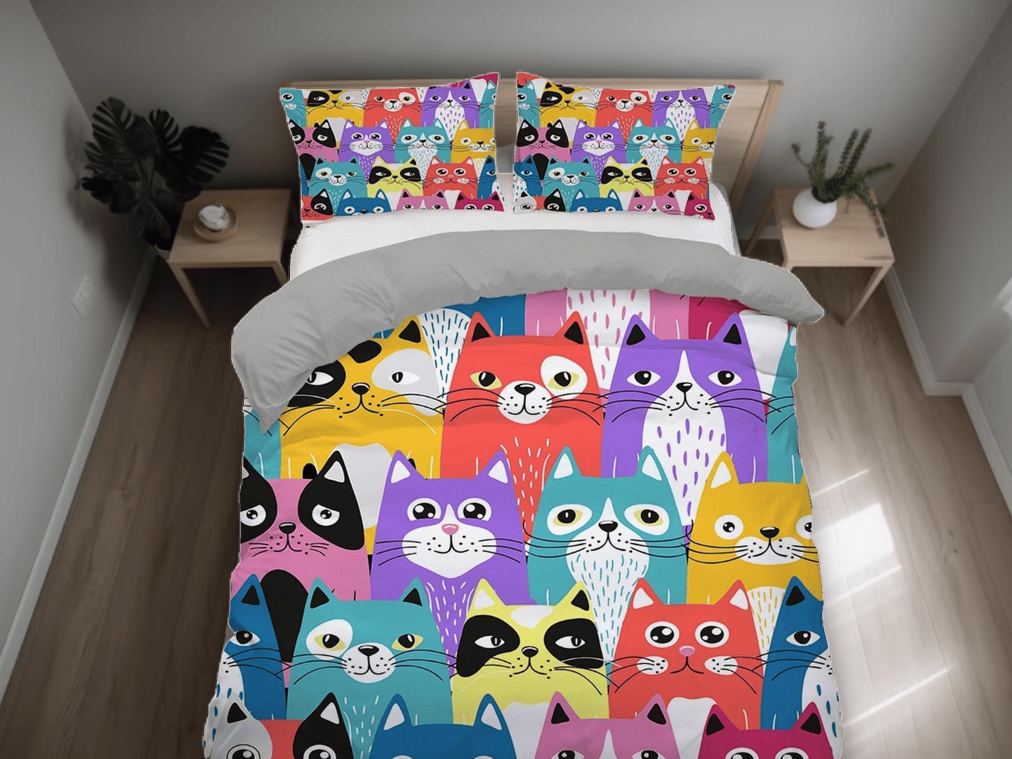 daintyduvet Colorful cat bedding, toddler bedding, kids duvet cover set, gift for cat lovers, baby bedding, baby shower gift