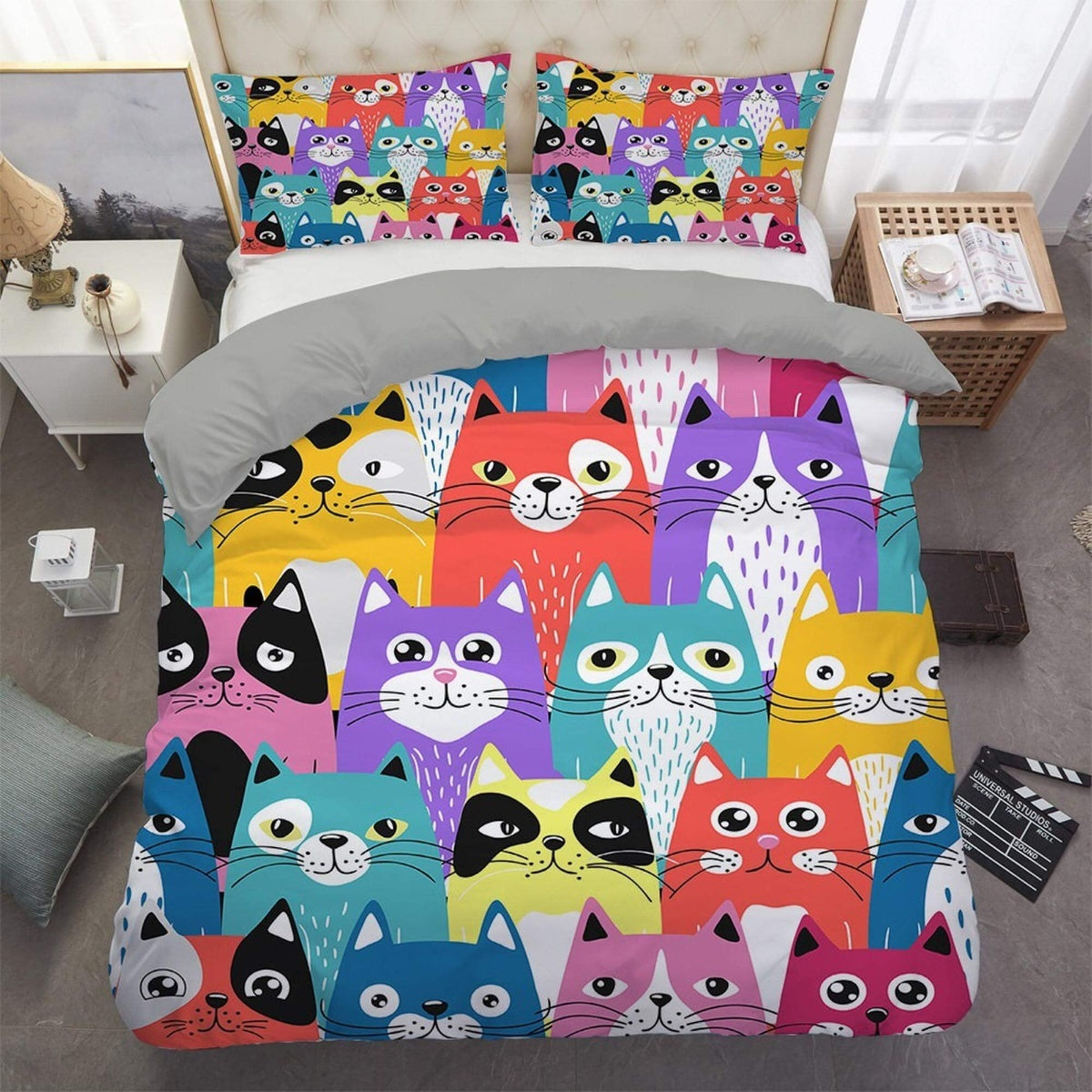 daintyduvet Colorful cat bedding, toddler bedding, kids duvet cover set, gift for cat lovers, baby bedding, baby shower gift