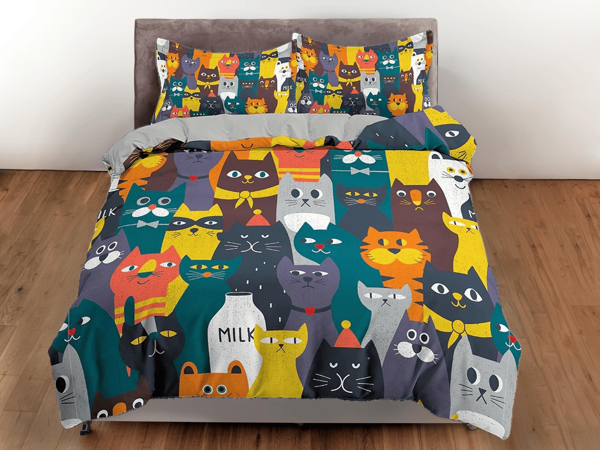 daintyduvet Colorful cats toddler bedding, unique duvet cover for nursery kids, crib bedding for cat lovers, baby zipper bedding, king queen full twin