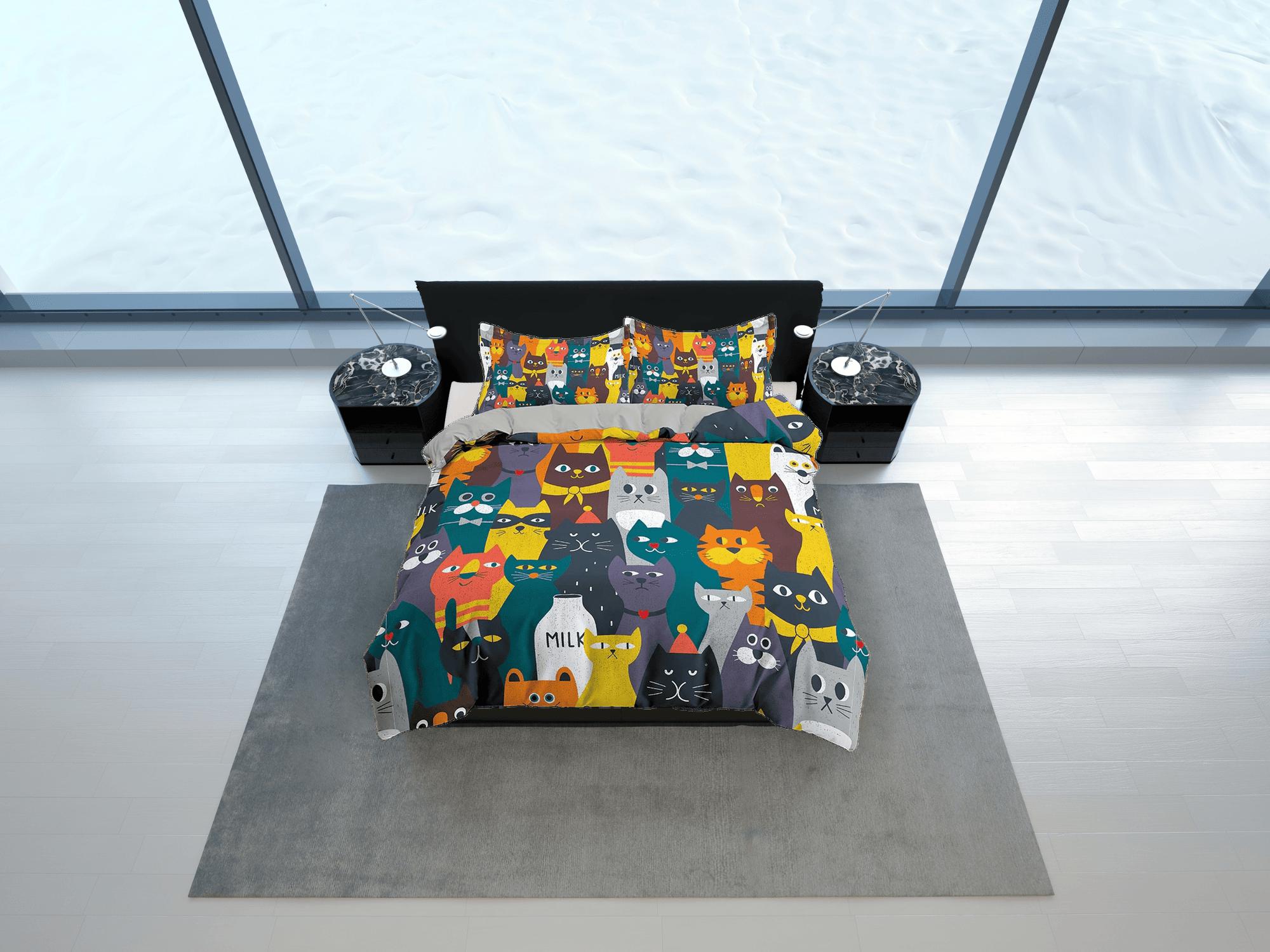 daintyduvet Colorful cats toddler bedding, unique duvet cover for nursery kids, crib bedding for cat lovers, baby zipper bedding, king queen full twin