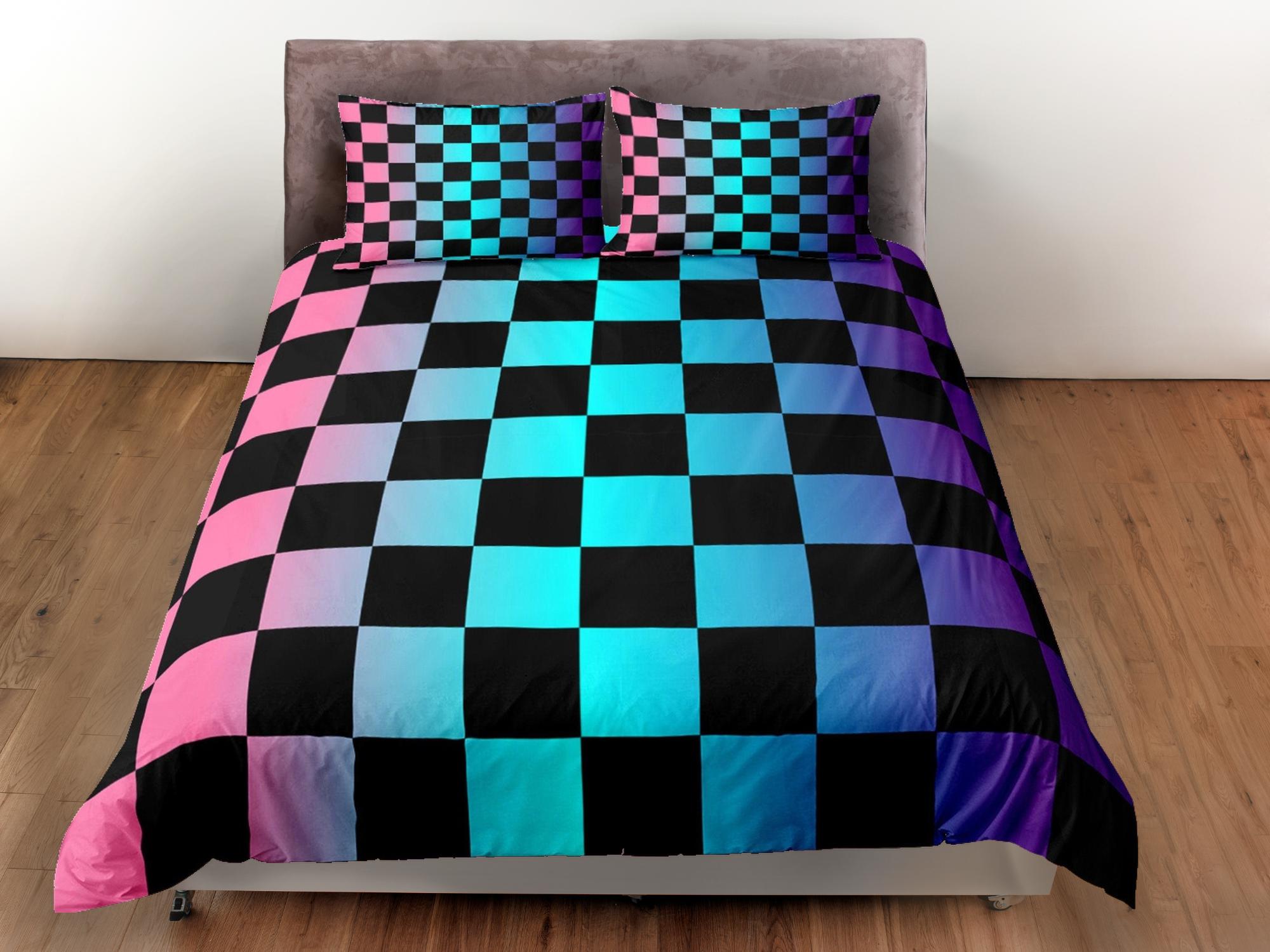 daintyduvet Colorful Checkered Fabric Duvet Cover Dorm Bedding Set Full Checkered Comforter Cover