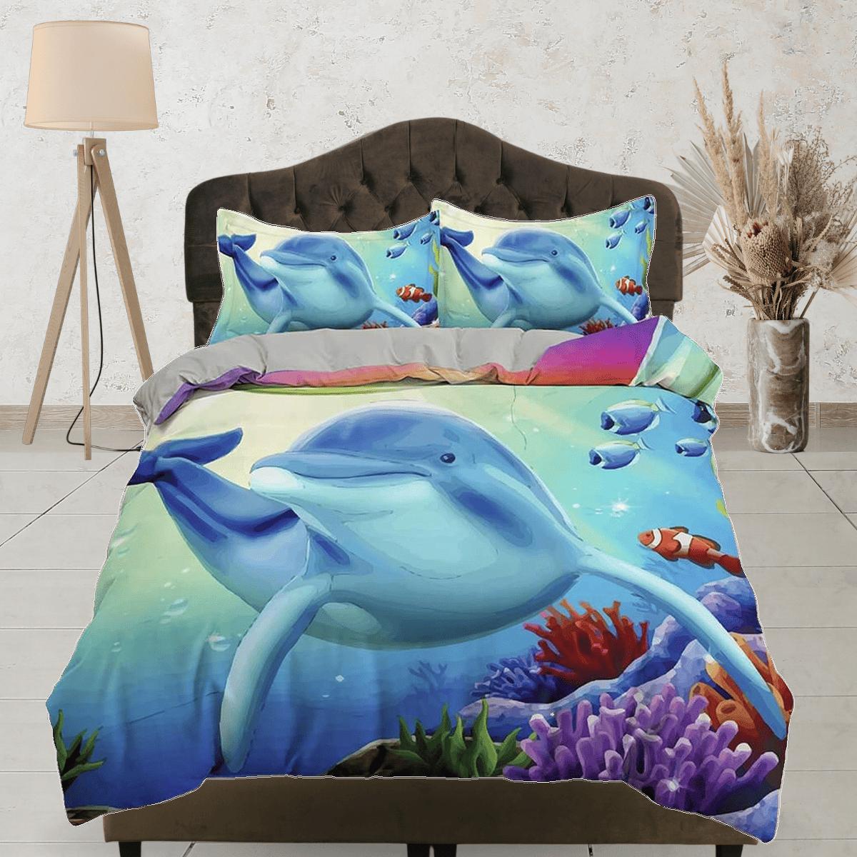 daintyduvet Colorful corals and dolphin bedding duvet cover, ocean blush decor bottle nose dolphin bedding set full king queen twin, dorm bedding gift