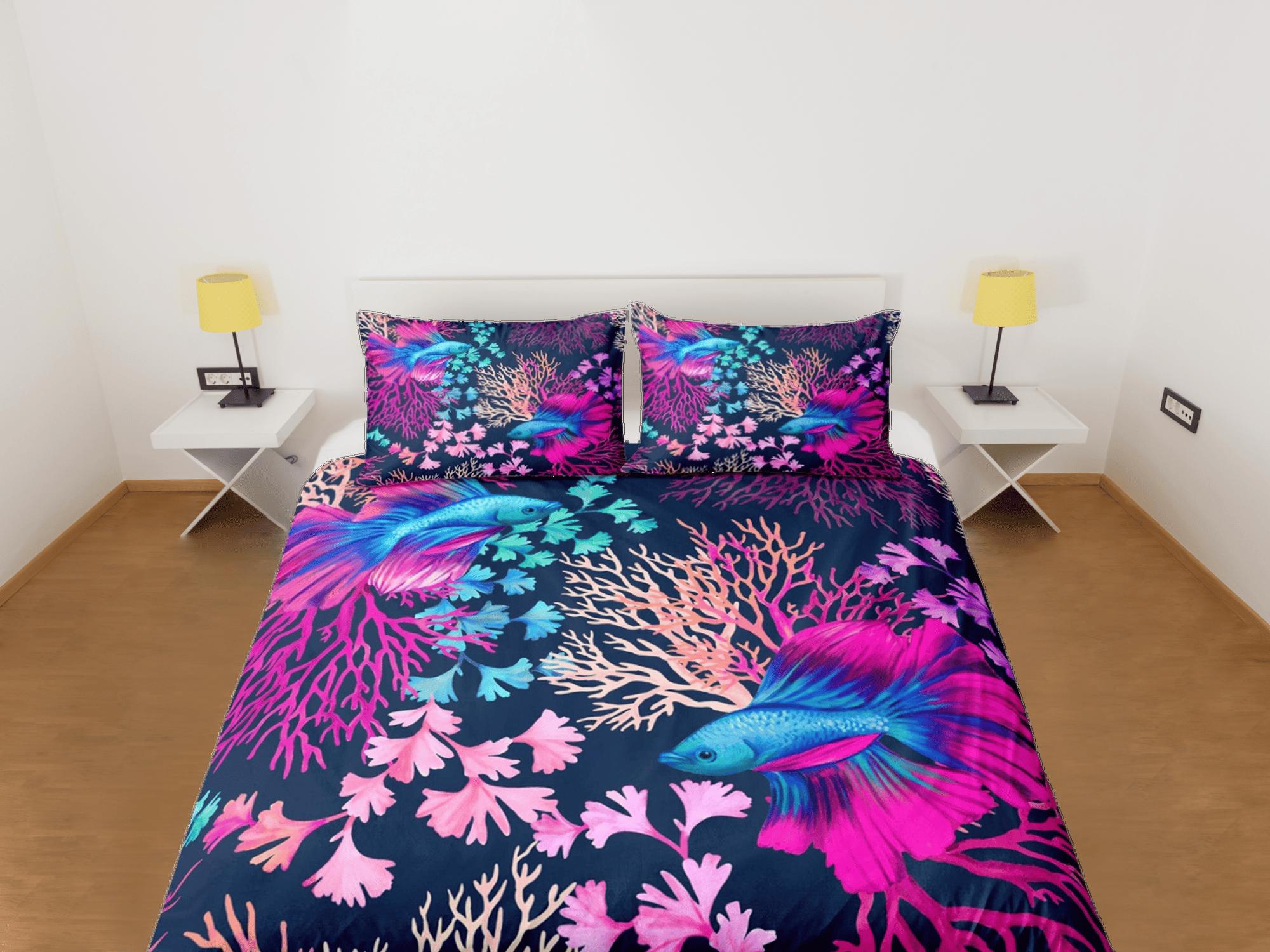daintyduvet Colorful corals unique coastal grandma duvet cover nautical bedding set full queen king, aesthetic beach room decor, ocean lover gift seaman