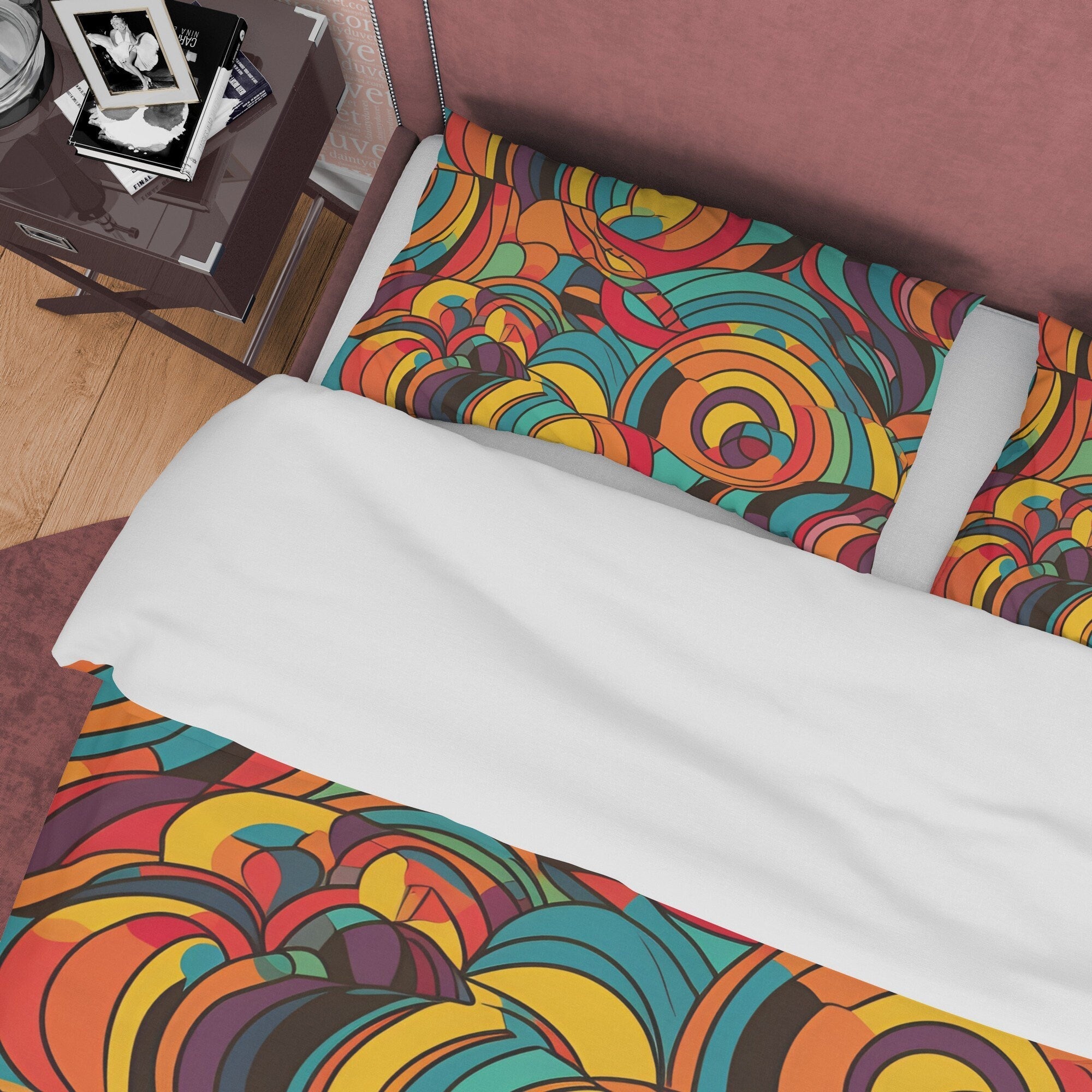 Colorful Cotton Duvet Cover, Retro Bedding Set, Abstract Geometric Quilt Cover, 70's Nostalgia Bedspread, Vibrant Bed Cover, Zipper Bedding