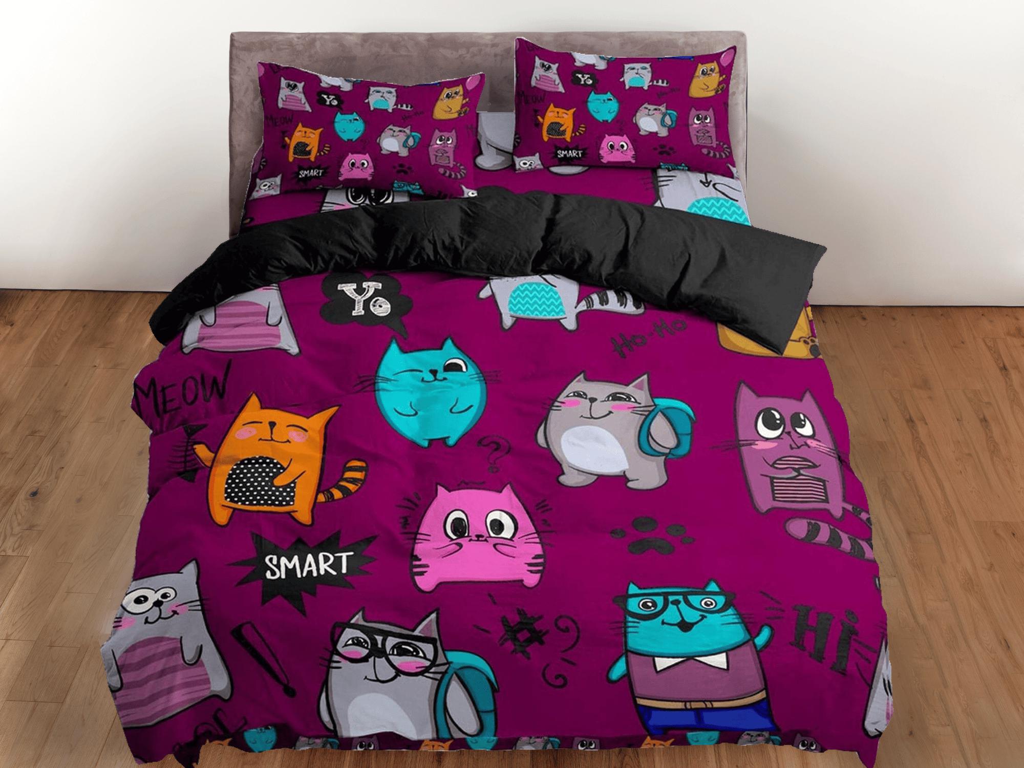 daintyduvet Colorful cute cat bedding violet, toddler bedding, kids duvet cover set, gift for cat lovers, baby bedding, baby shower gift