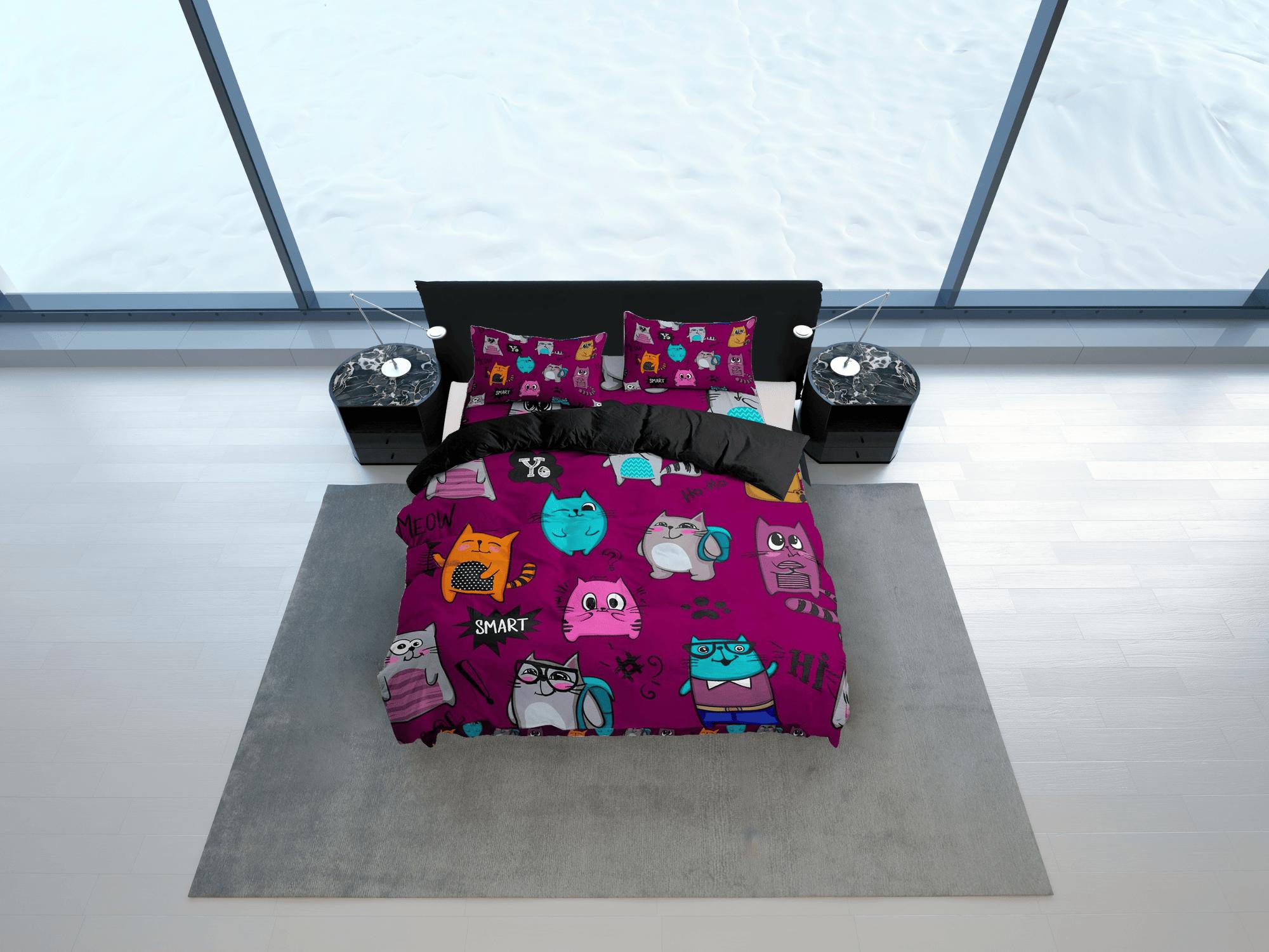 daintyduvet Colorful cute cat bedding violet, toddler bedding, kids duvet cover set, gift for cat lovers, baby bedding, baby shower gift