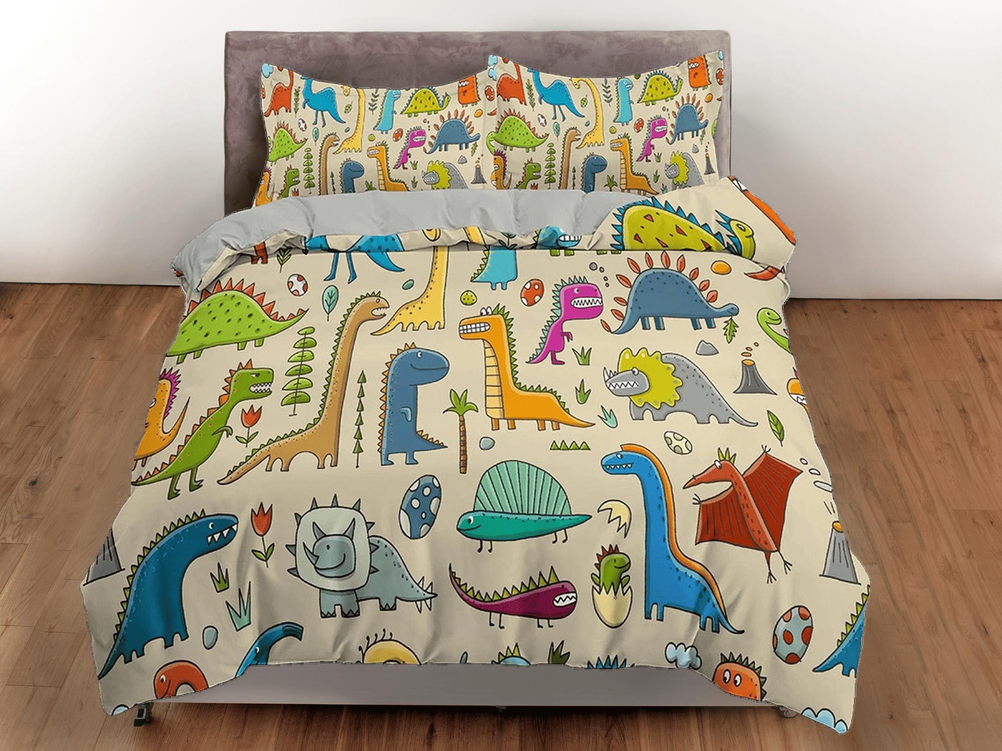 daintyduvet Colorful dinosaurs, beige toddler bedding, duvet cover for nursery kids, crib bedding, baby zipper bedding, king queen full twin