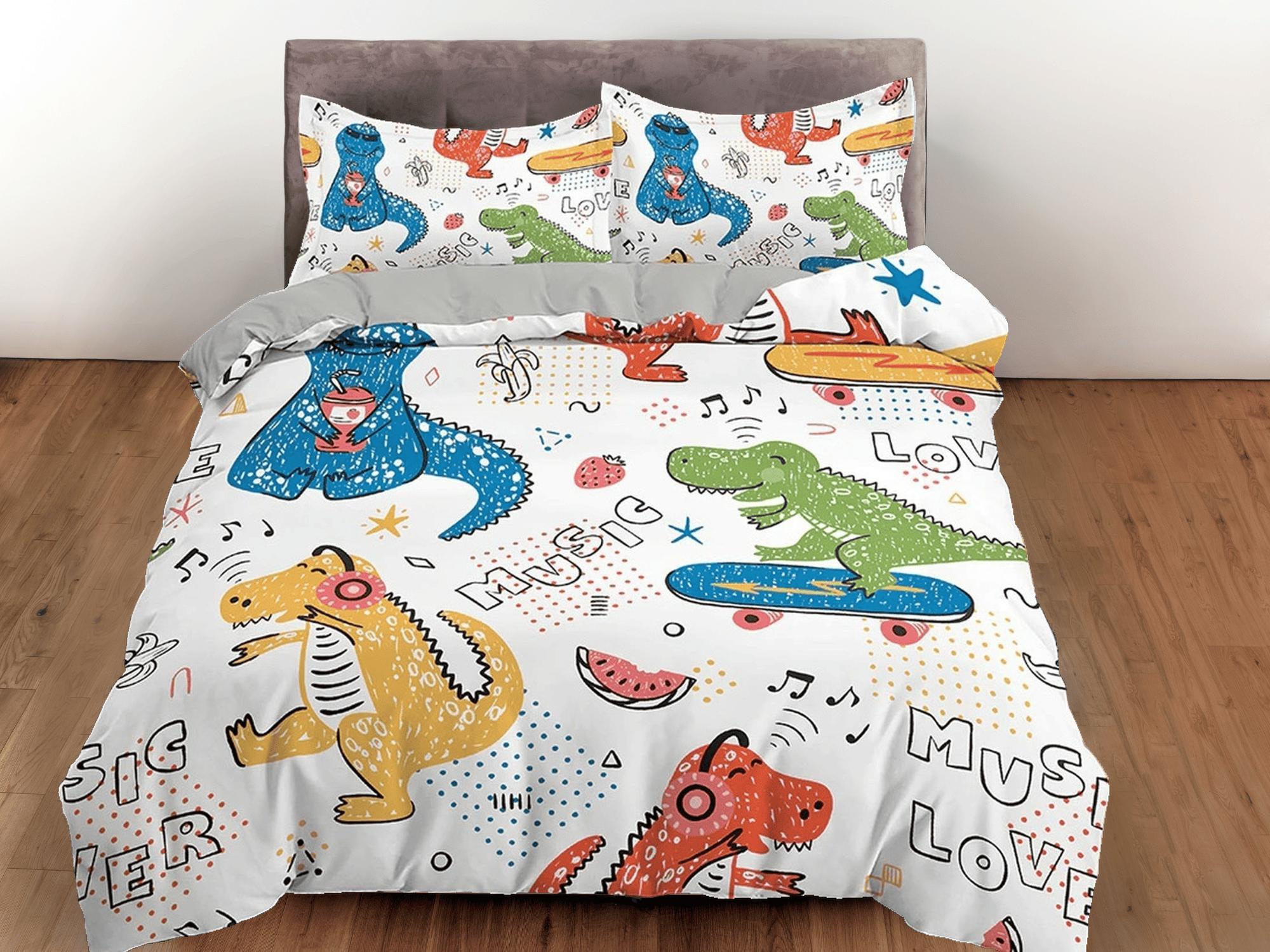 daintyduvet Colorful Dinosaurs Music Lovers, Cool Toddler Bedding, Unique Duvet Cover for Kids, Crib Bedding, Baby Zipper Bedding, King Queen Full Twin