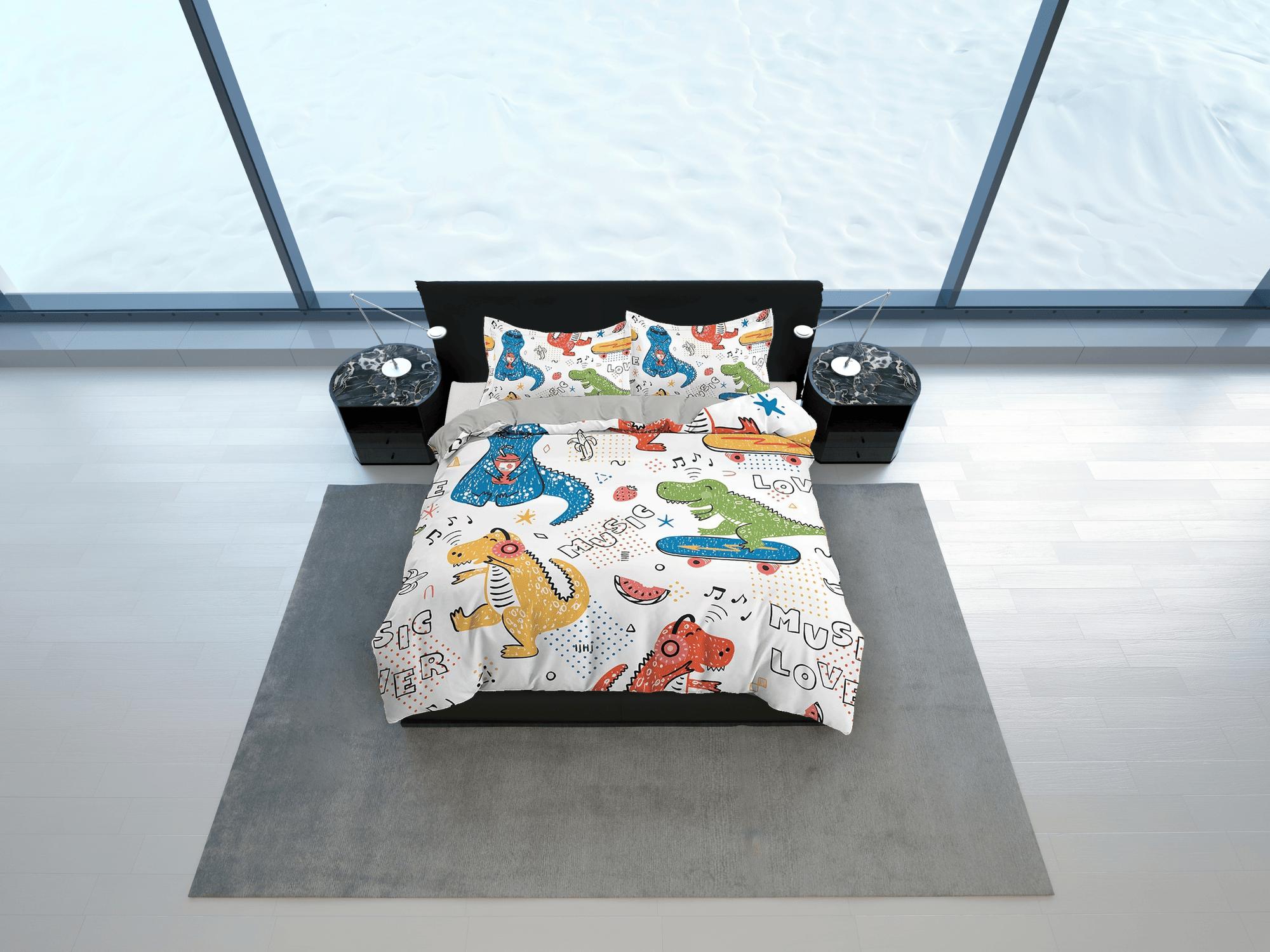 daintyduvet Colorful Dinosaurs Music Lovers, Cool Toddler Bedding, Unique Duvet Cover for Kids, Crib Bedding, Baby Zipper Bedding, King Queen Full Twin