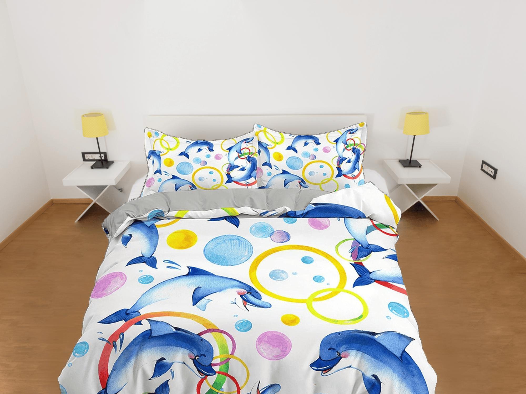 daintyduvet Colorful dolphin bedding white duvet cover, ocean blush decor bottle nose dolphin bedding set full king queen twin, college dorm bedding