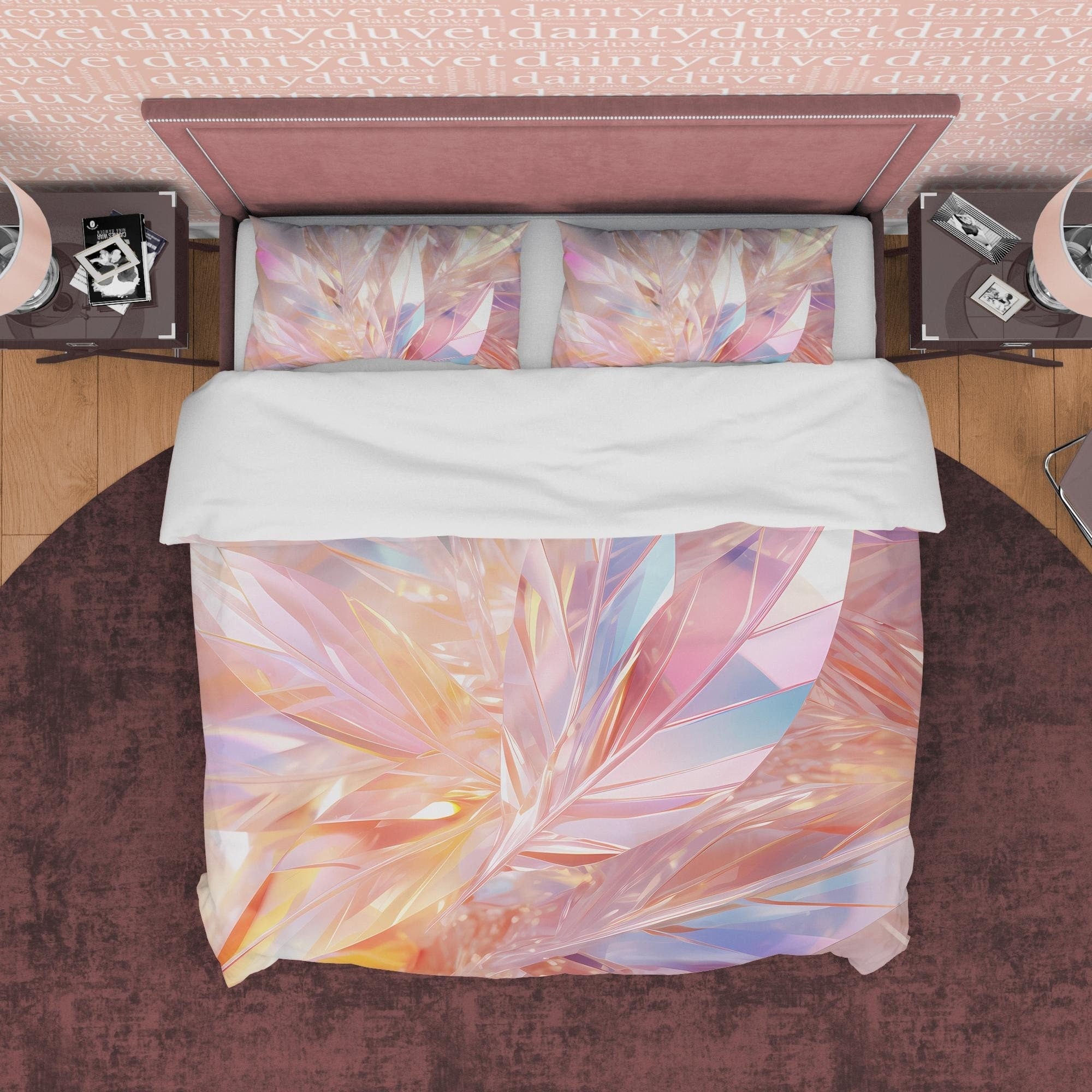 Colorful Glass Leaf Bedding Set Boho Duvet Cover, Holographic Feather Quilt Cover, Moonstone Inspired Bedspread, Galaxy Opal Bed Cover