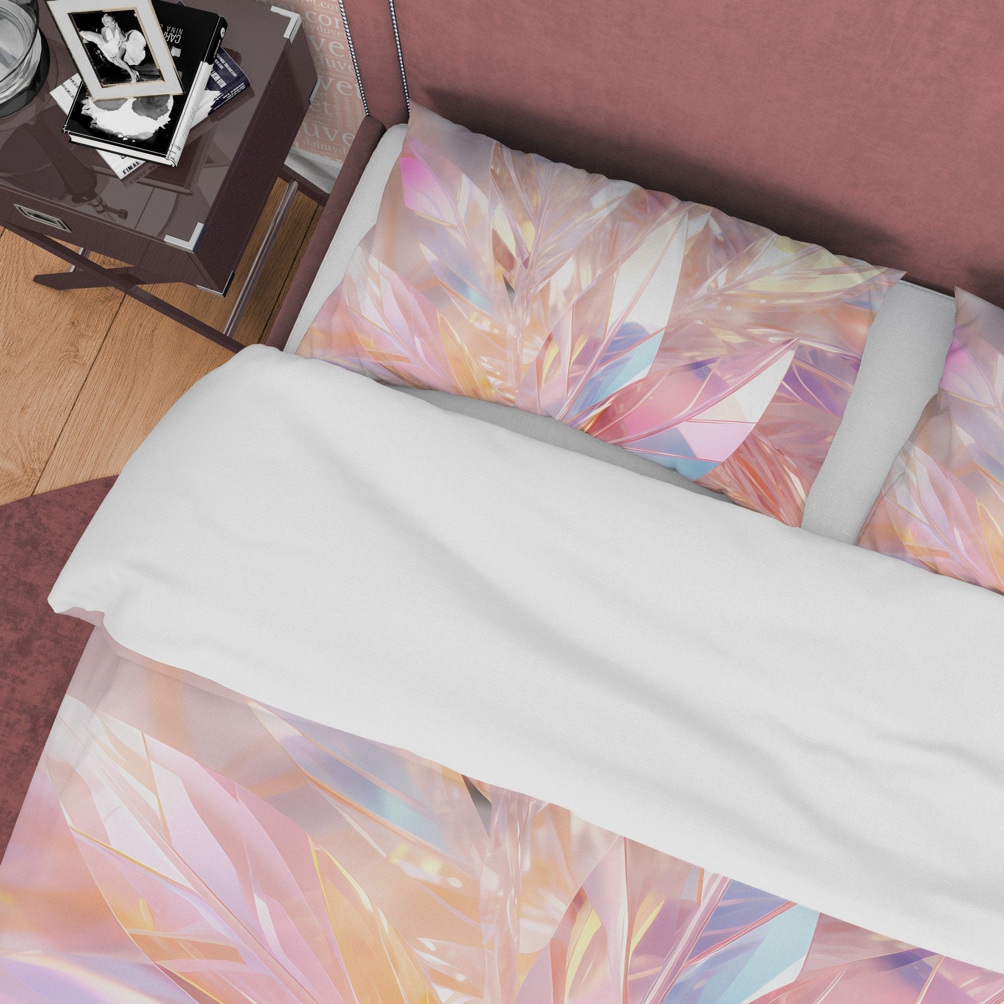 Colorful Glass Leaf Bedding Set Boho Duvet Cover, Holographic Feather Quilt Cover, Moonstone Inspired Bedspread, Galaxy Opal Bed Cover