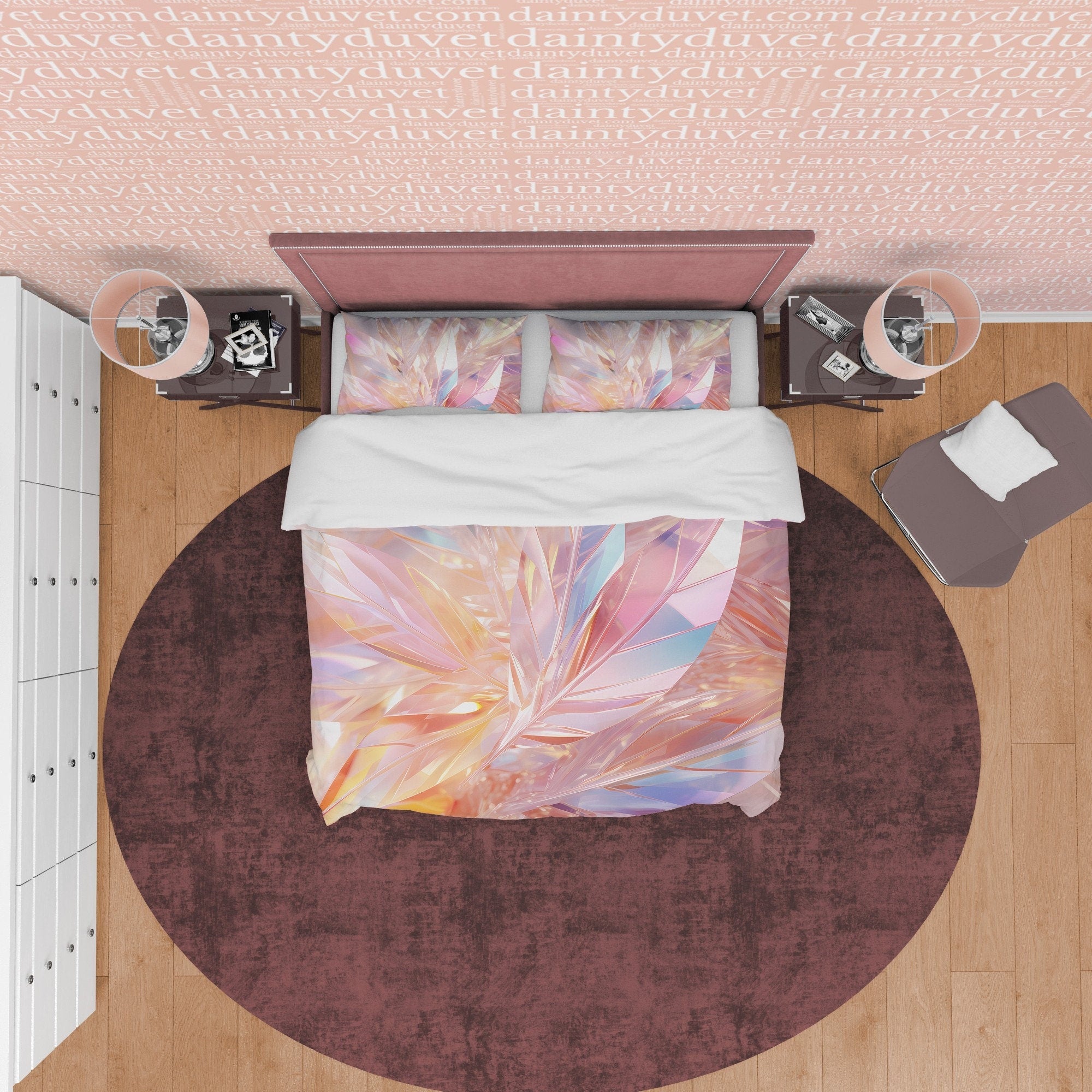 Colorful Glass Leaf Bedding Set Boho Duvet Cover, Holographic Feather Quilt Cover, Moonstone Inspired Bedspread, Galaxy Opal Bed Cover