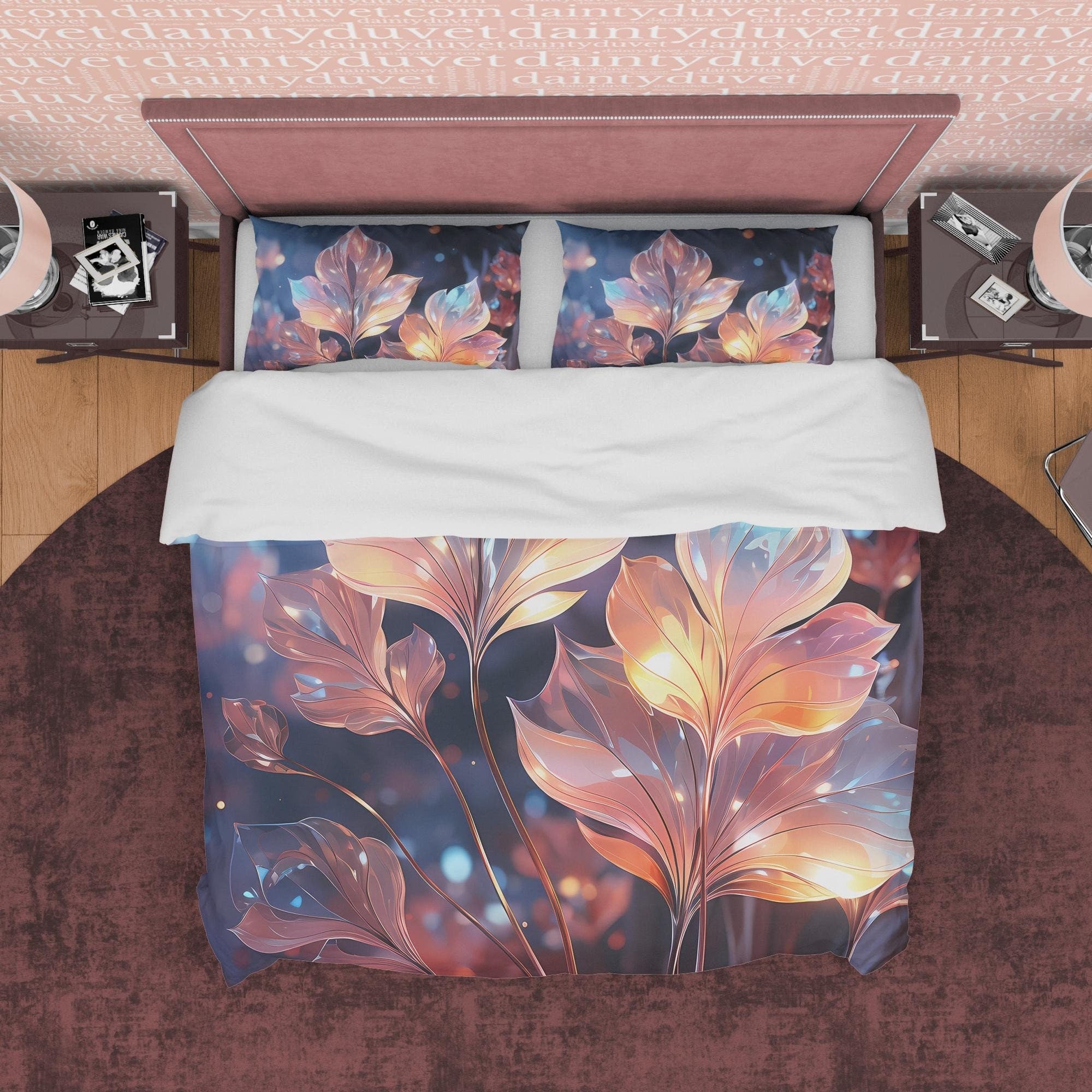 Colorful Holographic Plant Bedding Set Boho Duvet Cover, Moonstone Inspired Bedspread, Leaf Quilt Cover, Pastel Color, Galaxy Opal Bed Cover