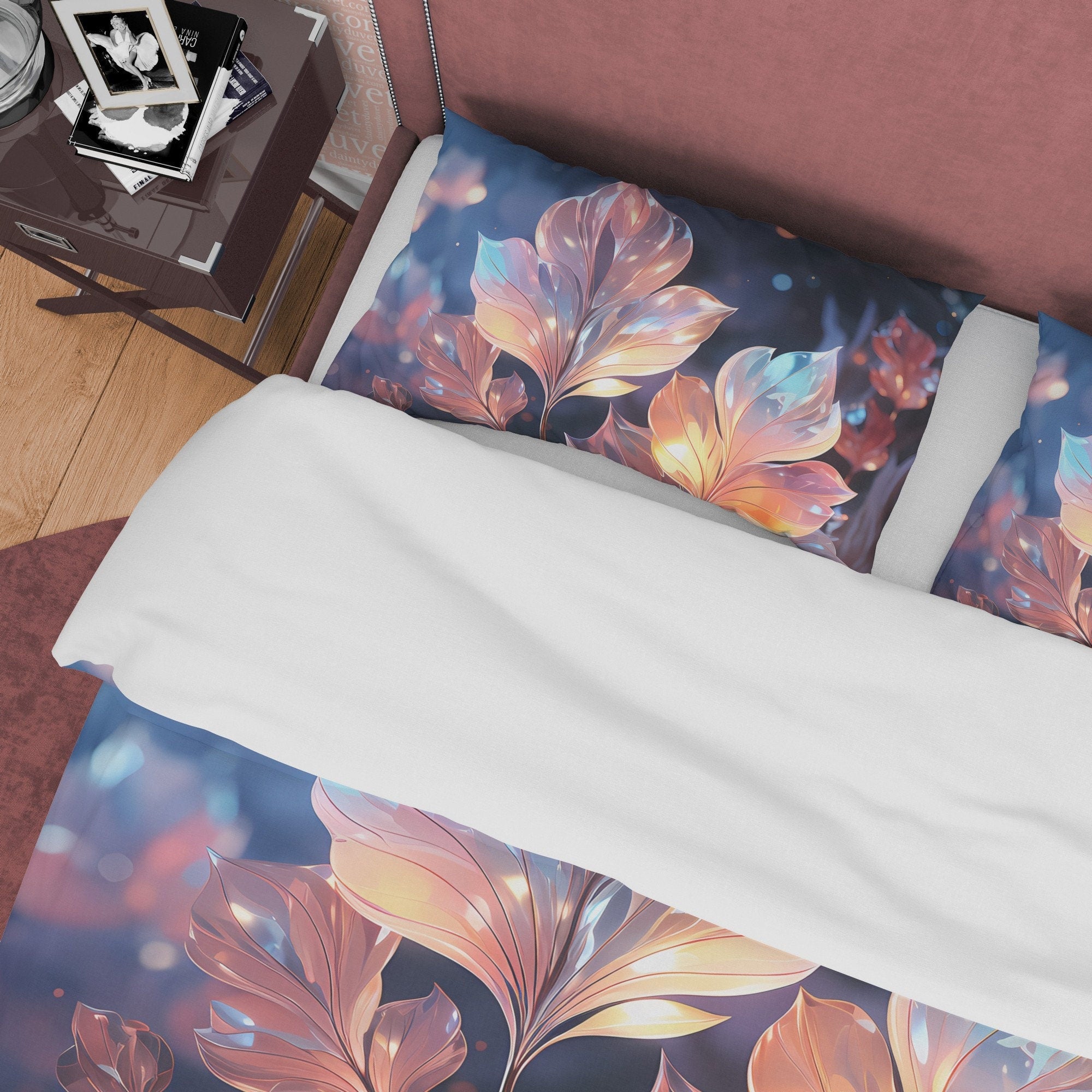 Colorful Holographic Plant Bedding Set Boho Duvet Cover, Moonstone Inspired Bedspread, Leaf Quilt Cover, Pastel Color, Galaxy Opal Bed Cover