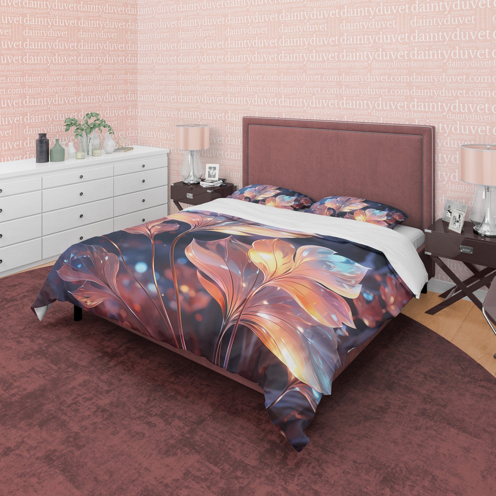 Colorful Holographic Plant Bedding Set Boho Duvet Cover, Moonstone Inspired Bedspread, Leaf Quilt Cover, Pastel Color, Galaxy Opal Bed Cover