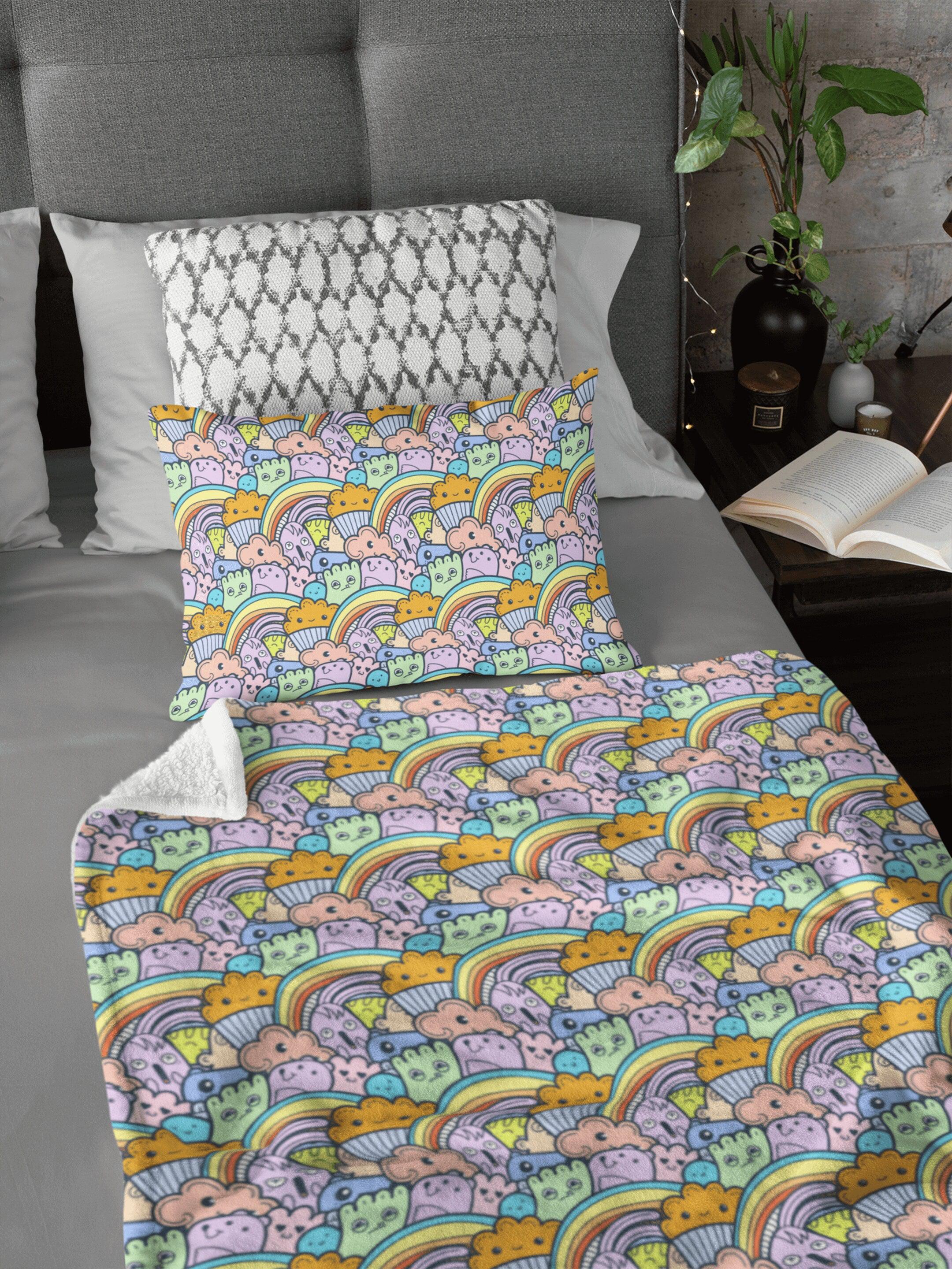 daintyduvet Colorful Kawaii Doodle Rainbow Soft Fluffy Velvet Flannel Fleece Throw Blanket