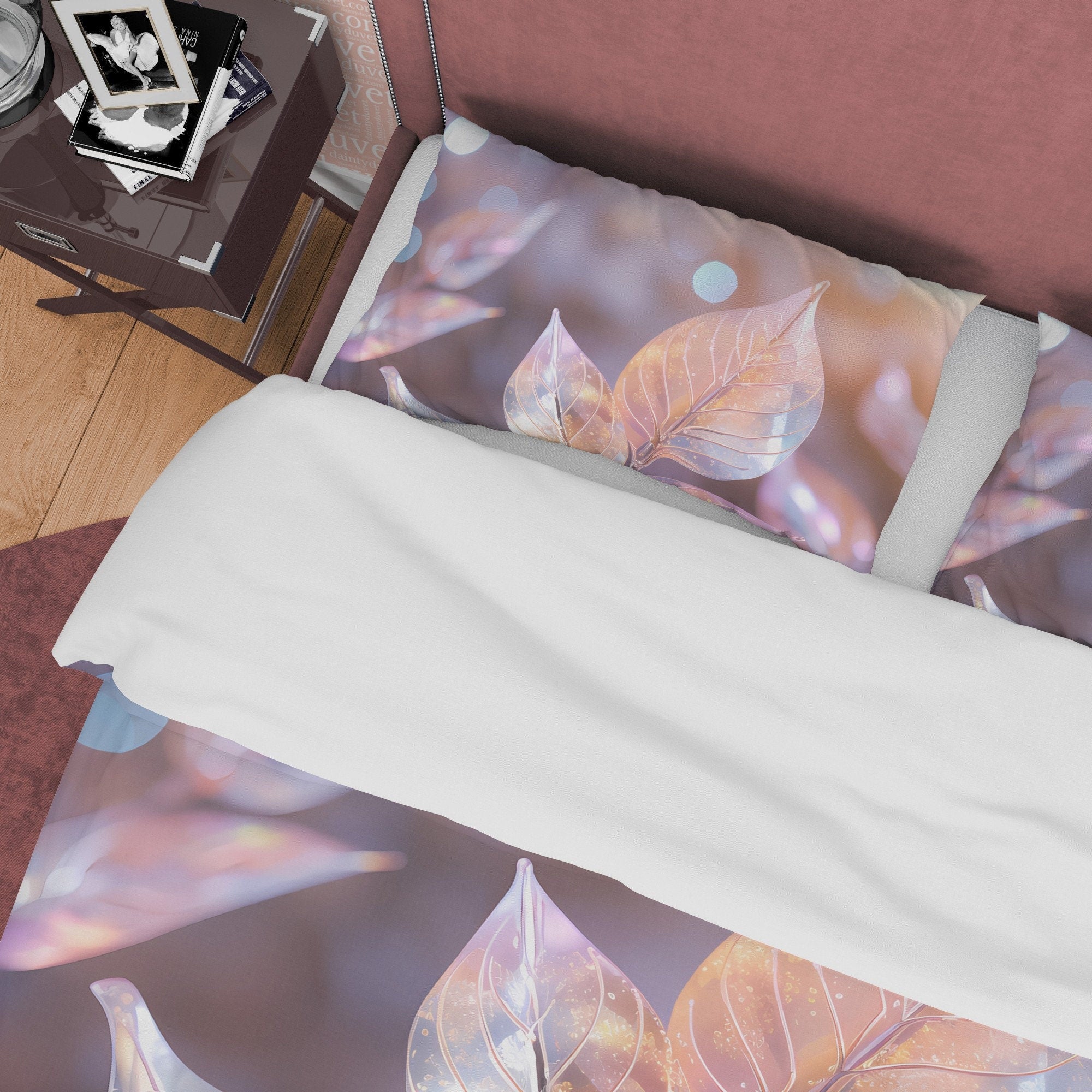Colorful Leaf Bedding Set Boho Duvet Cover, Holographic Plant Quilt Cover, Moonstone Inspired Bedspread, Galaxy Opal Bed Cover, Pastel Color