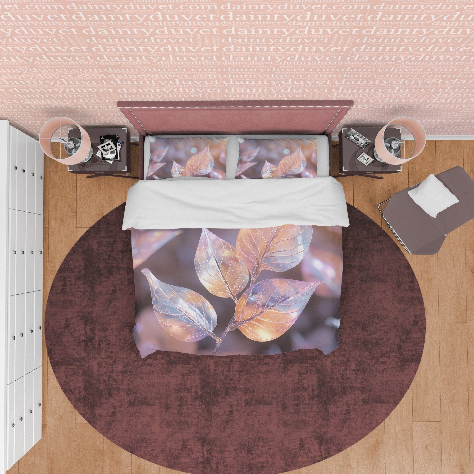 Colorful Leaf Bedding Set Boho Duvet Cover, Holographic Plant Quilt Cover, Moonstone Inspired Bedspread, Galaxy Opal Bed Cover, Pastel Color