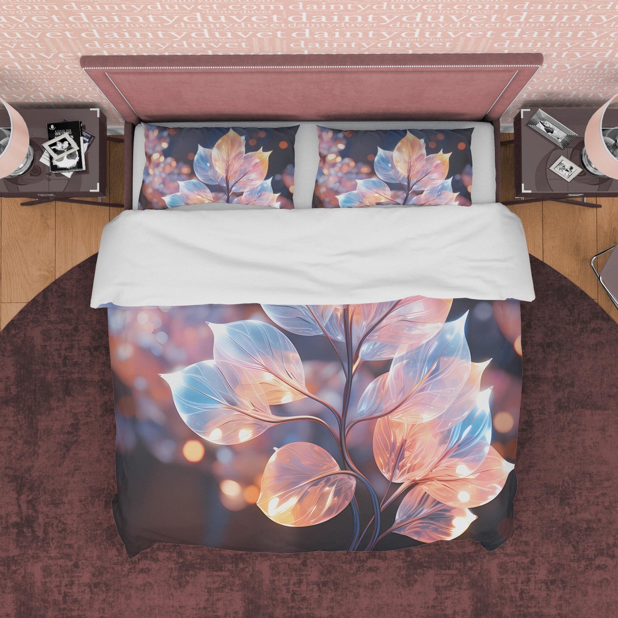 Colorful Leaf Boho Duvet Cover, Holographic Plant Quilt Cover Night Light Bed Cover, Unique Glass Like Plant Bedding, Plant Lover Gift