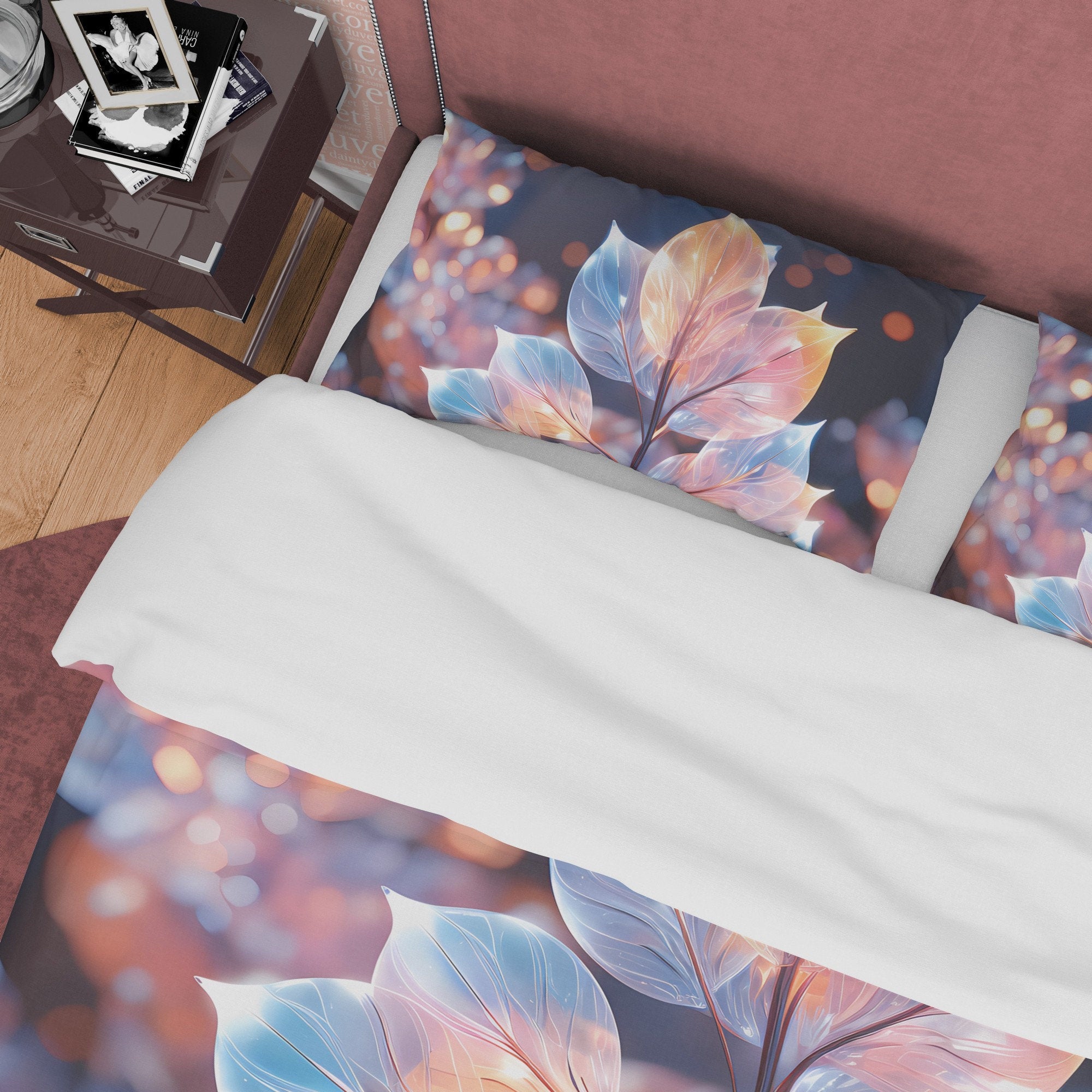 Colorful Leaf Boho Duvet Cover, Holographic Plant Quilt Cover Night Light Bed Cover, Unique Glass Like Plant Bedding, Plant Lover Gift