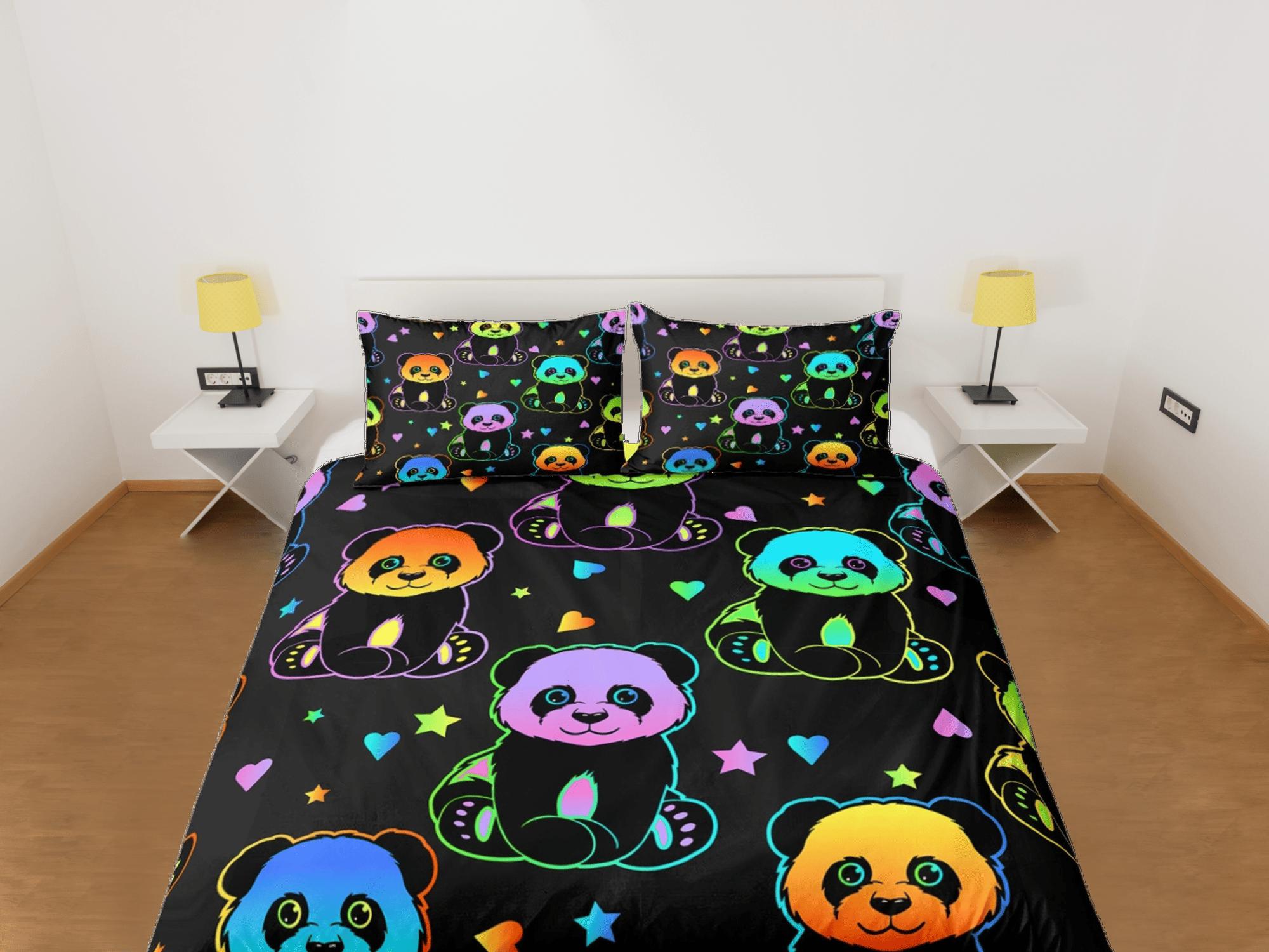 daintyduvet Colorful neon panda duvet cover kids, bedding set full, king, queen, dorm bedding, toddler bedding, aesthetic bedspread, panda lovers gift