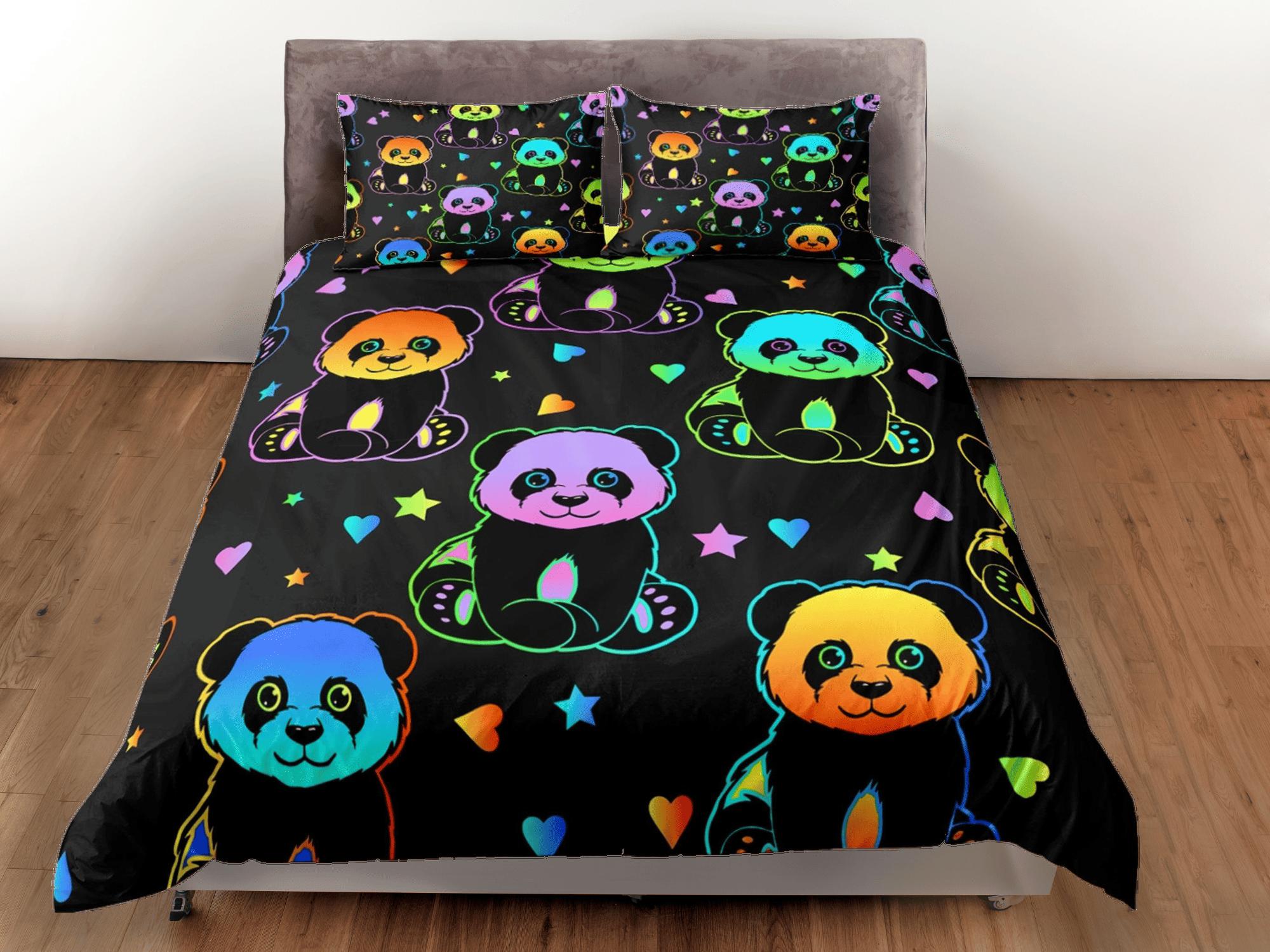 daintyduvet Colorful neon panda duvet cover kids, bedding set full, king, queen, dorm bedding, toddler bedding, aesthetic bedspread, panda lovers gift