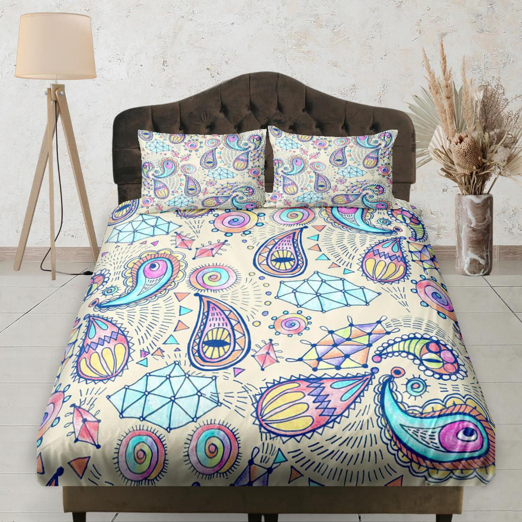 daintyduvet Colorful Paisley Fitted Sheet Deep Pocket, Aesthetic Bedding Set Full, Elastic Bedsheet, Dorm Bedding, Crib Sheet, Size King, Queen, Double