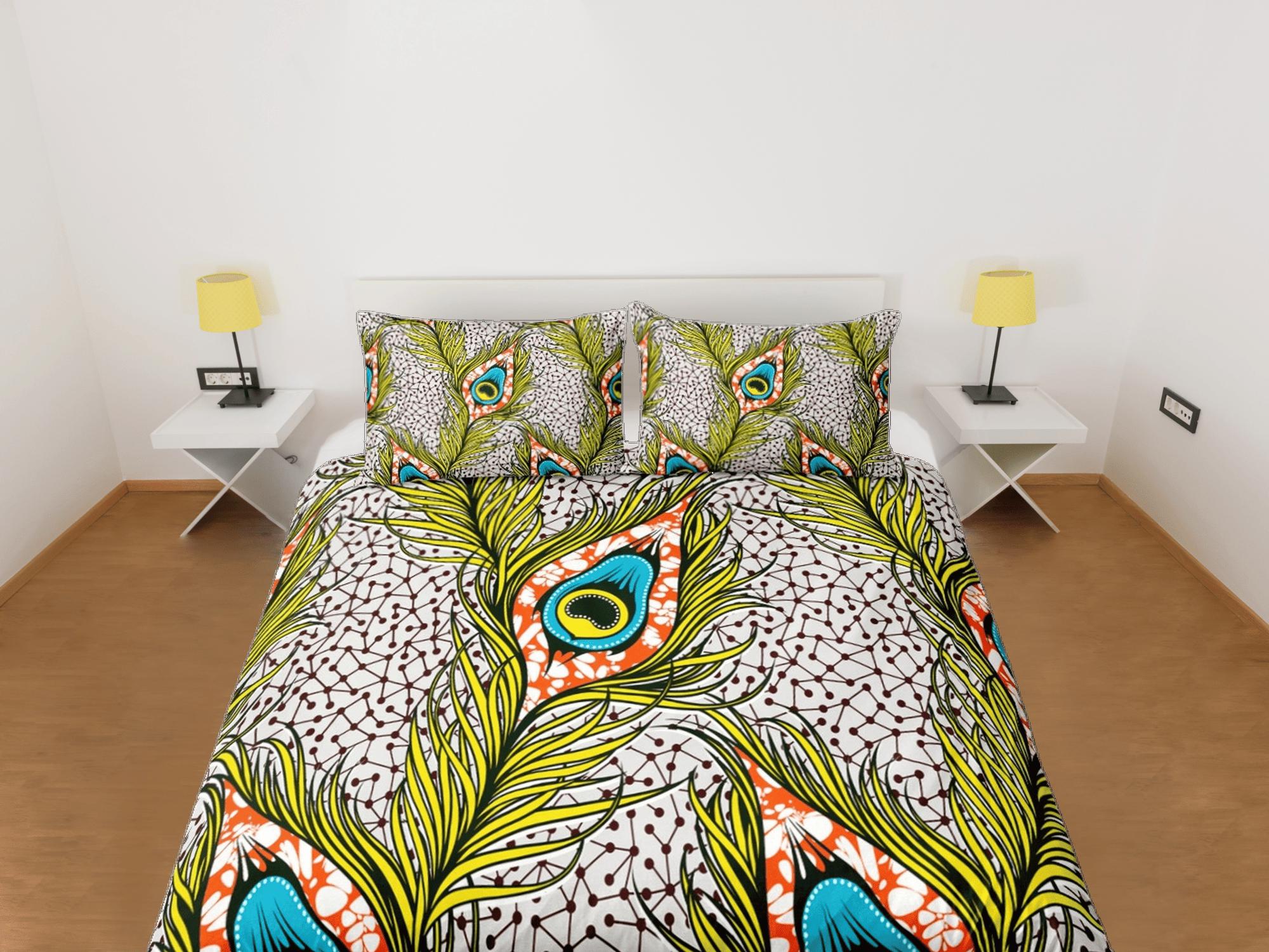 daintyduvet Colorful peacock feather african bedding set duvet cover, boho bedding peacock decor ethnic afrocentric designer bedding, south african gift