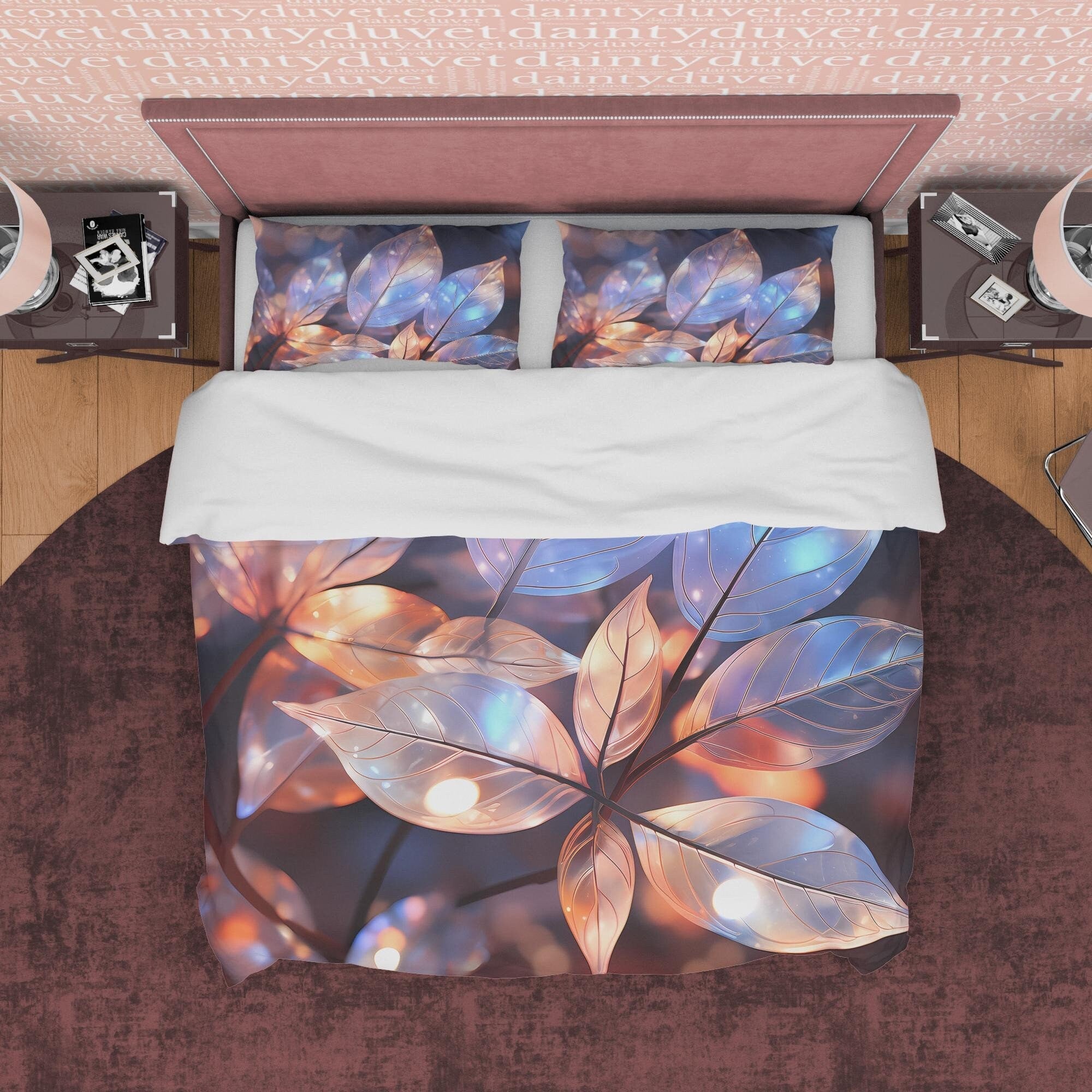 Colorful Plant Holographic Bedding Set Boho Duvet Cover, Leaf Quilt Cover, Galaxy Opal Bed Cover, Moonstone Inspired Bedspread, Pastel Color