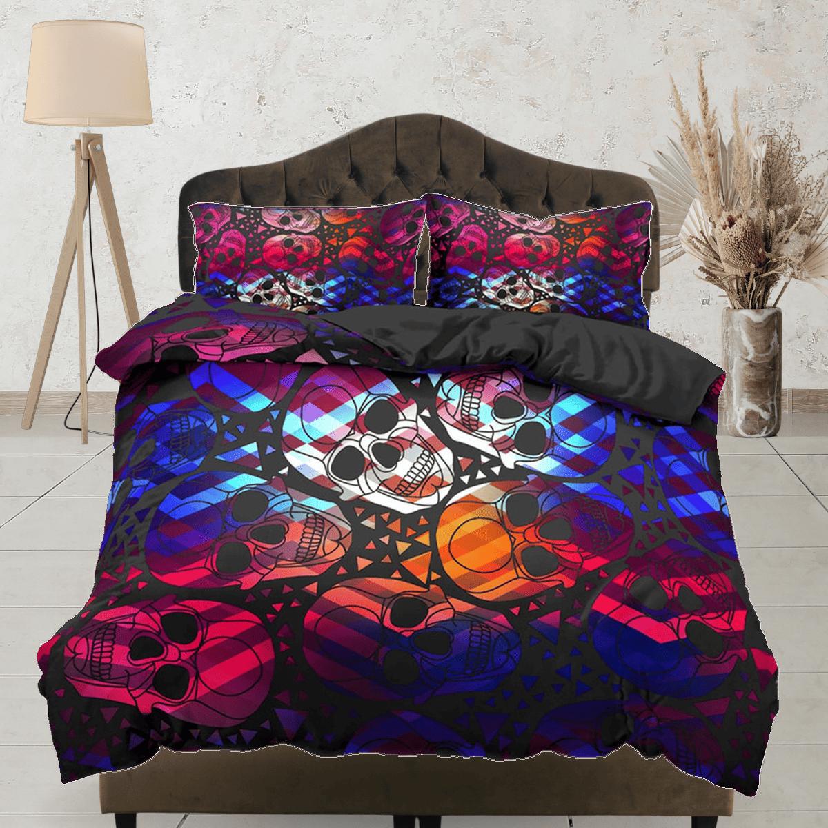 daintyduvet Colorful Skulls Black Duvet Cover Set Bedspread, Dorm Bedding with Pillowcase