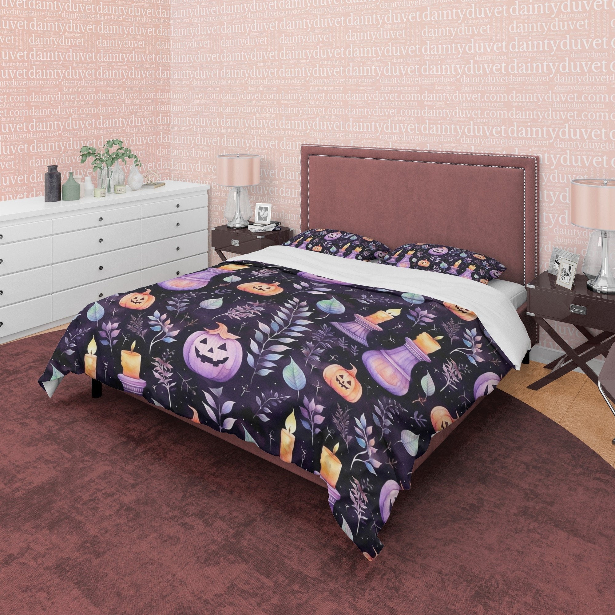 Colorful Spooky Bedding Purple Duvet Cover Set, Pumpkin Halloween Room Decor, Autumn Bedspread, Dorm Quilt Cover, Comforter Bed Cover
