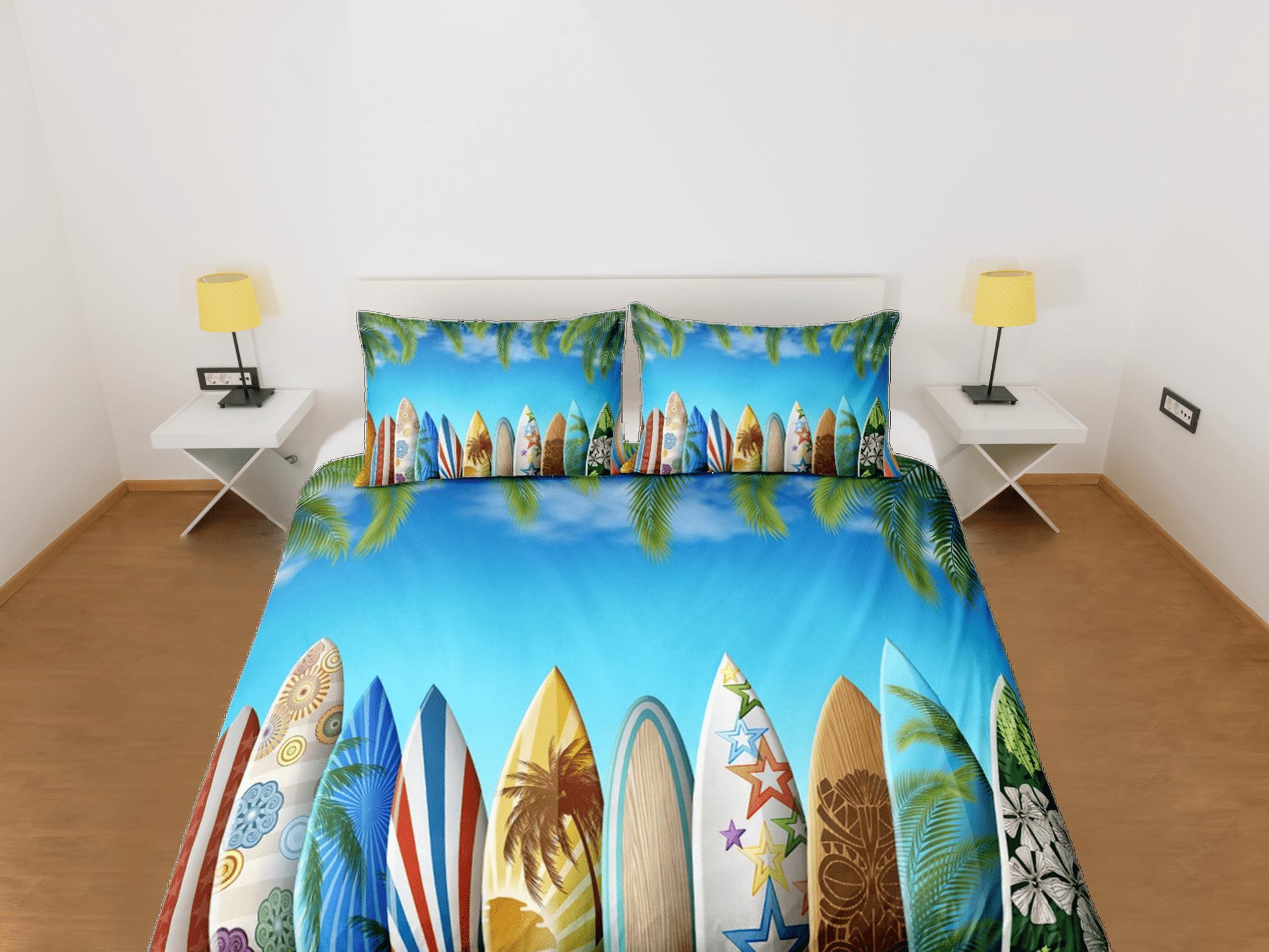 daintyduvet Colorful surfing boards coastal grandma blue duvet cover nautical bedding set full queen king, aesthetic beach room decor, ocean lover gift