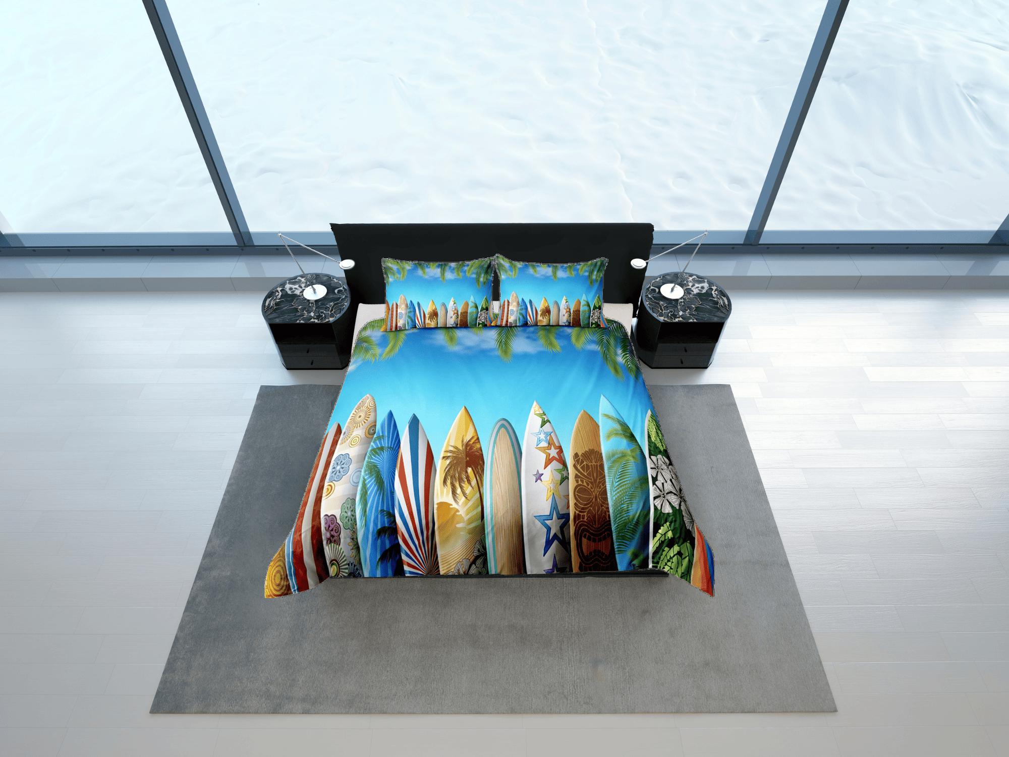 daintyduvet Colorful surfing boards coastal grandma blue duvet cover nautical bedding set full queen king, aesthetic beach room decor, ocean lover gift