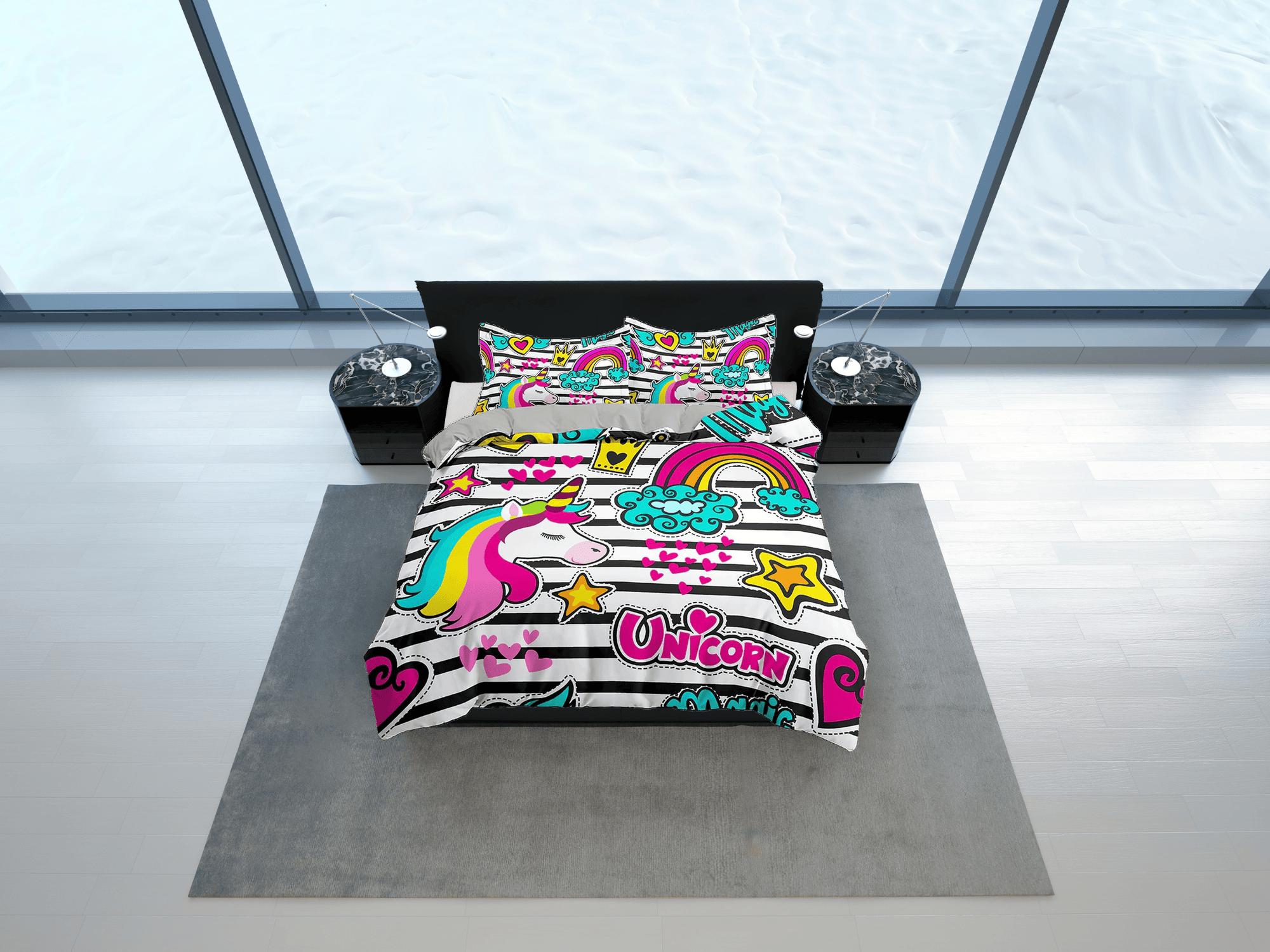 daintyduvet Colorful unicorn black and white stripes funky toddler bedding, unique duvet cover, crib bedding, baby zipper bedding, king queen full twin