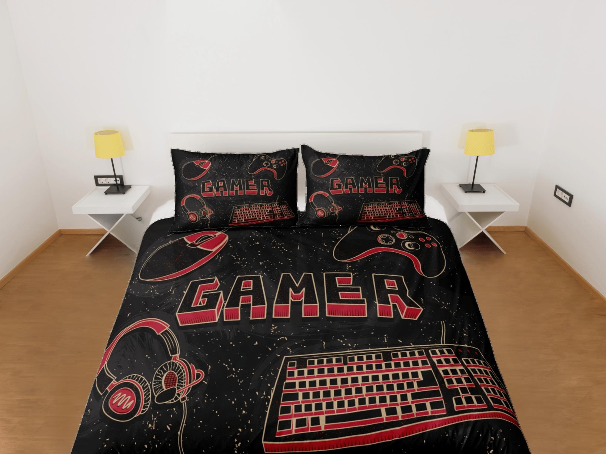 daintyduvet Computer gamer bedding red duvet cover, video gamer boyfriend gift bedding set full king queen twin, boys bedroom, college dorm bedding
