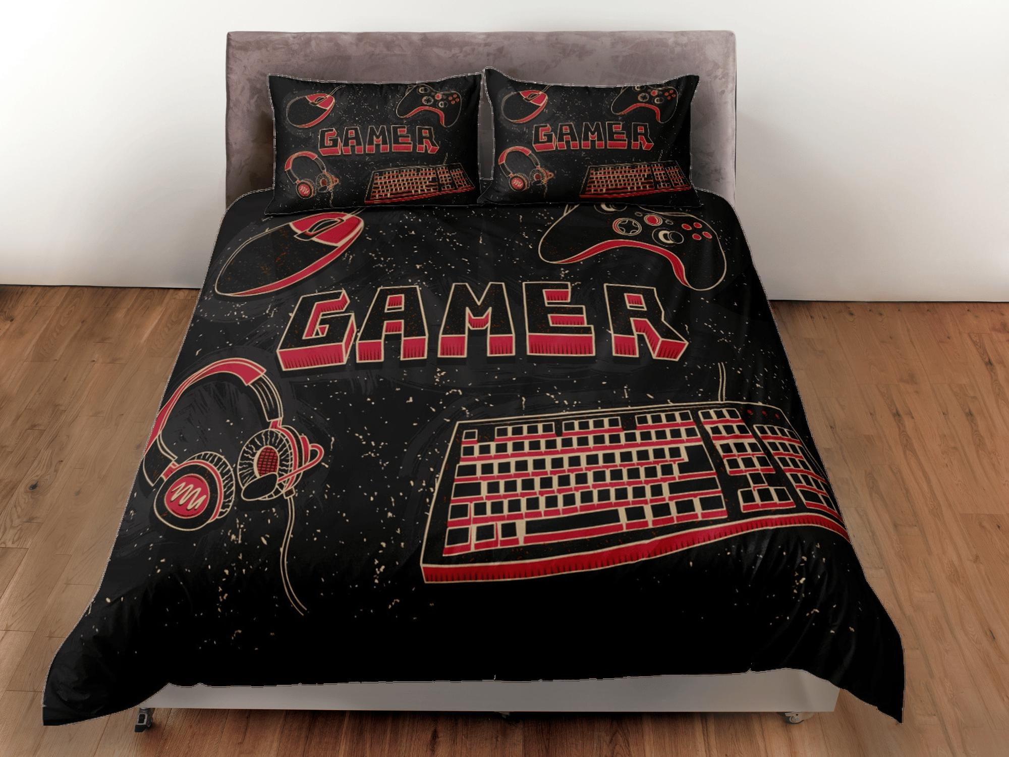 daintyduvet Computer gamer bedding red duvet cover, video gamer boyfriend gift bedding set full king queen twin, boys bedroom, college dorm bedding