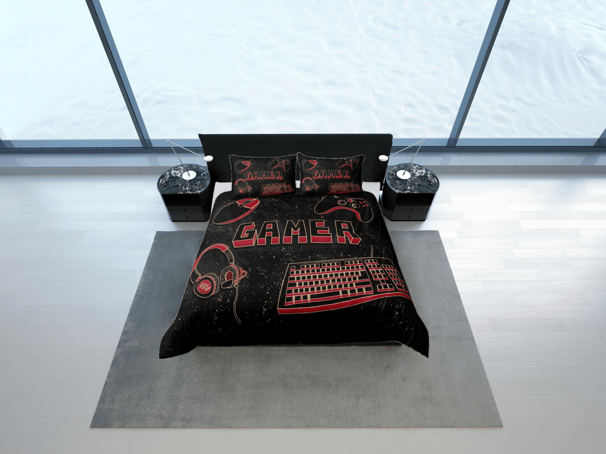 daintyduvet Computer gamer bedding red duvet cover, video gamer boyfriend gift bedding set full king queen twin, boys bedroom, college dorm bedding