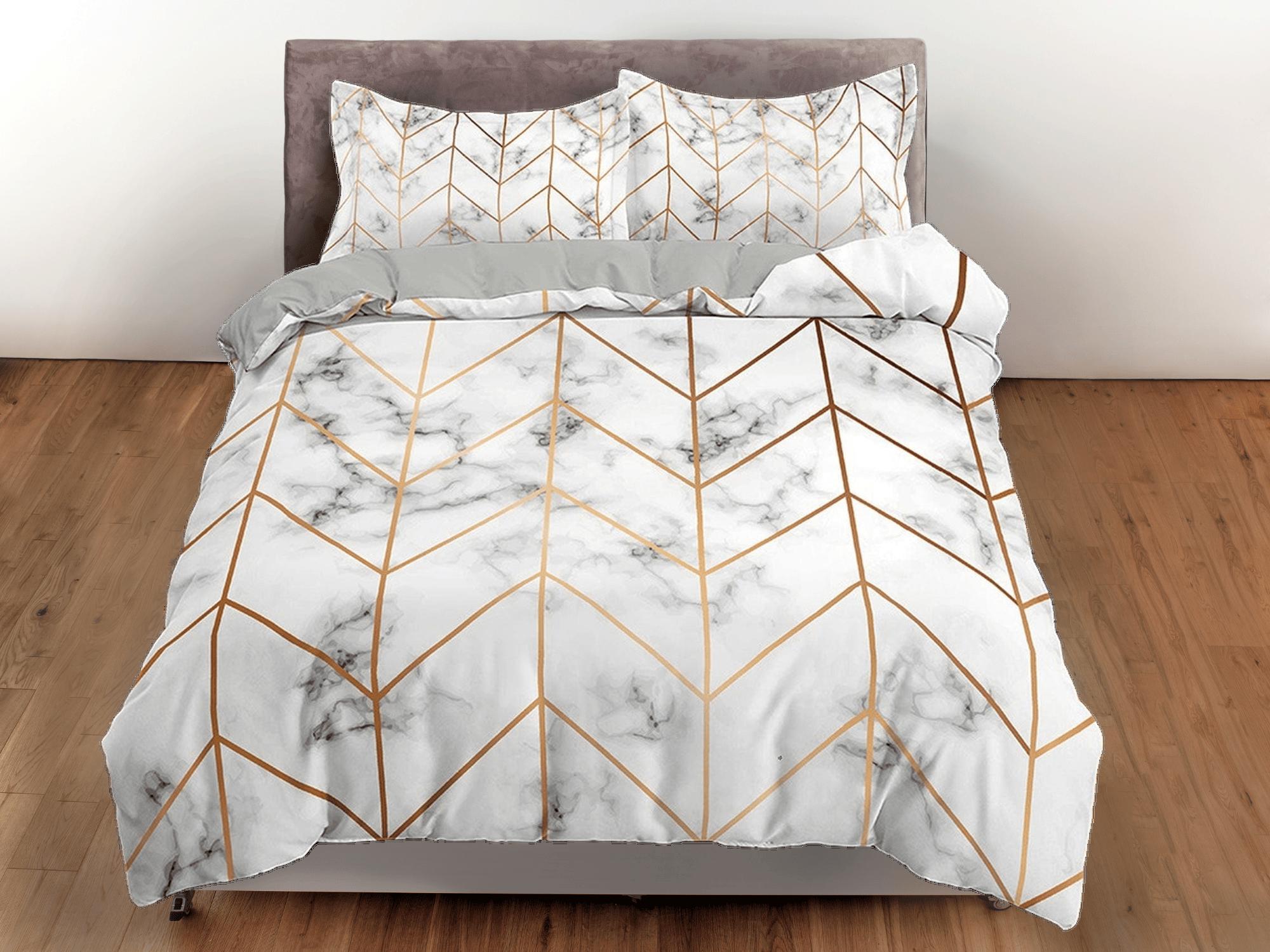 daintyduvet Contemporary bedroom set aesthetic duvet cover, marble gold geometric lines abstract art room decor boho chic bedding set full king queen