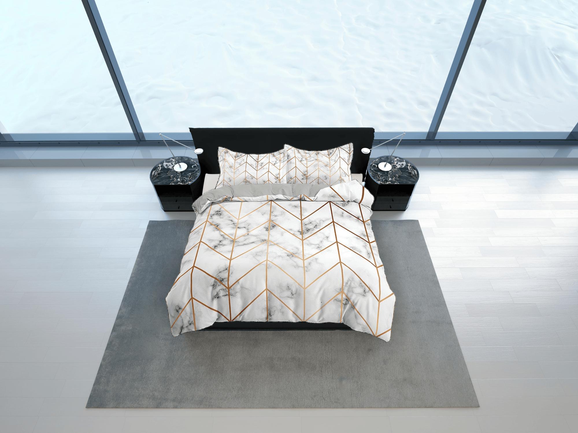 daintyduvet Contemporary bedroom set aesthetic duvet cover, marble gold geometric lines abstract art room decor boho chic bedding set full king queen