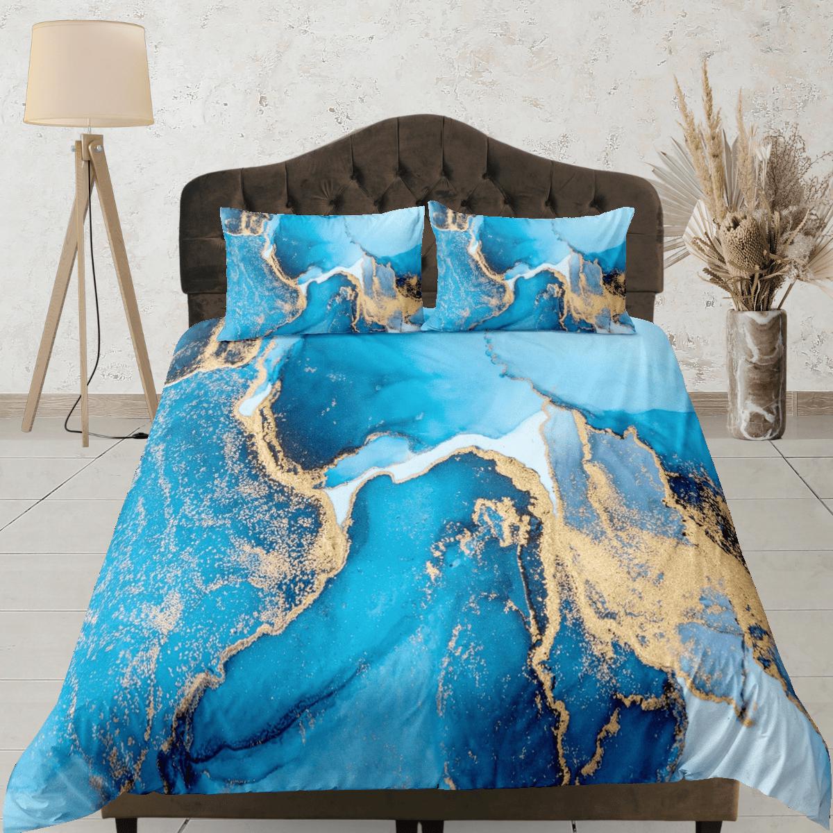 daintyduvet Contemporary bedroom set blue aesthetic duvet cover, luxury duvet gold marble abstract art room decor boho chic bedding set full king queen