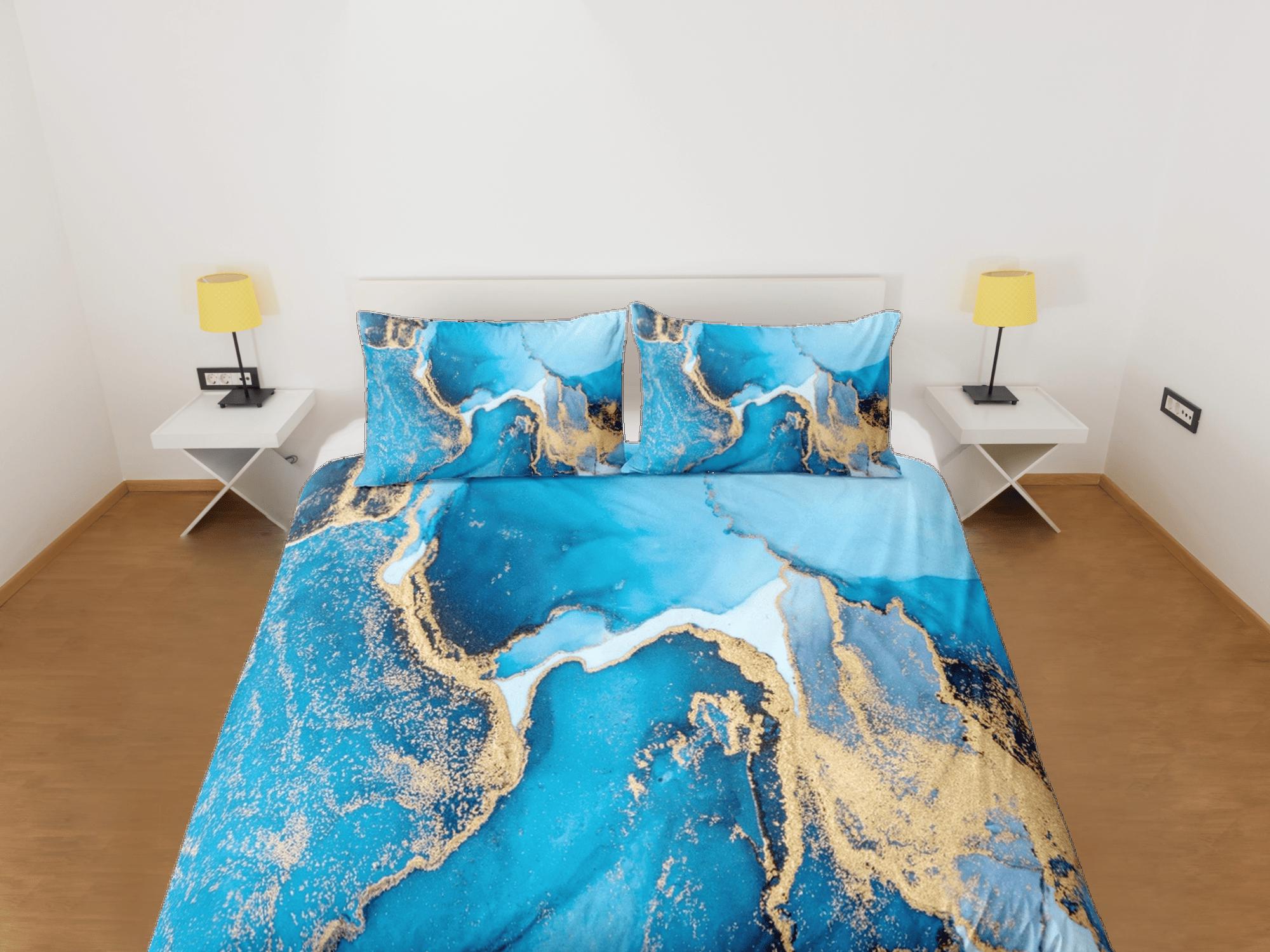 daintyduvet Contemporary bedroom set blue aesthetic duvet cover, luxury duvet gold marble abstract art room decor boho chic bedding set full king queen