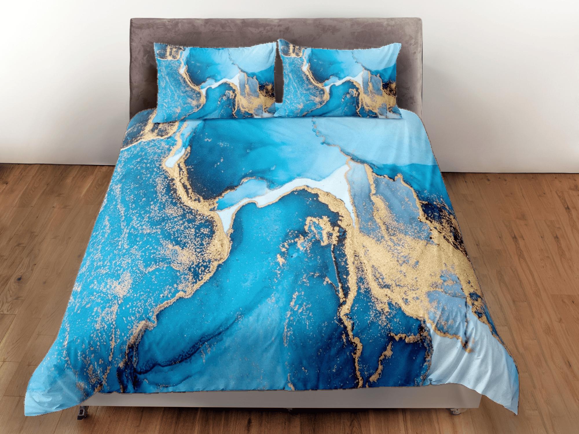 daintyduvet Contemporary bedroom set blue aesthetic duvet cover, luxury duvet gold marble abstract art room decor boho chic bedding set full king queen