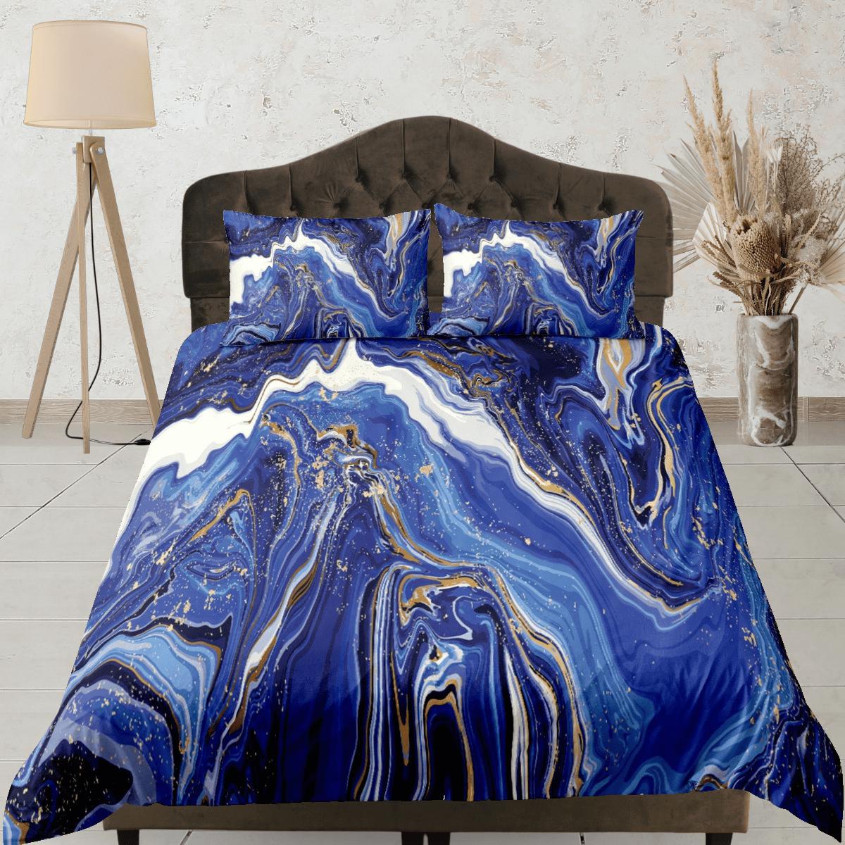 daintyduvet Contemporary bedroom set royal blue aesthetic duvet cover, gold marble abstract art room decor boho chic bedding set full king queen