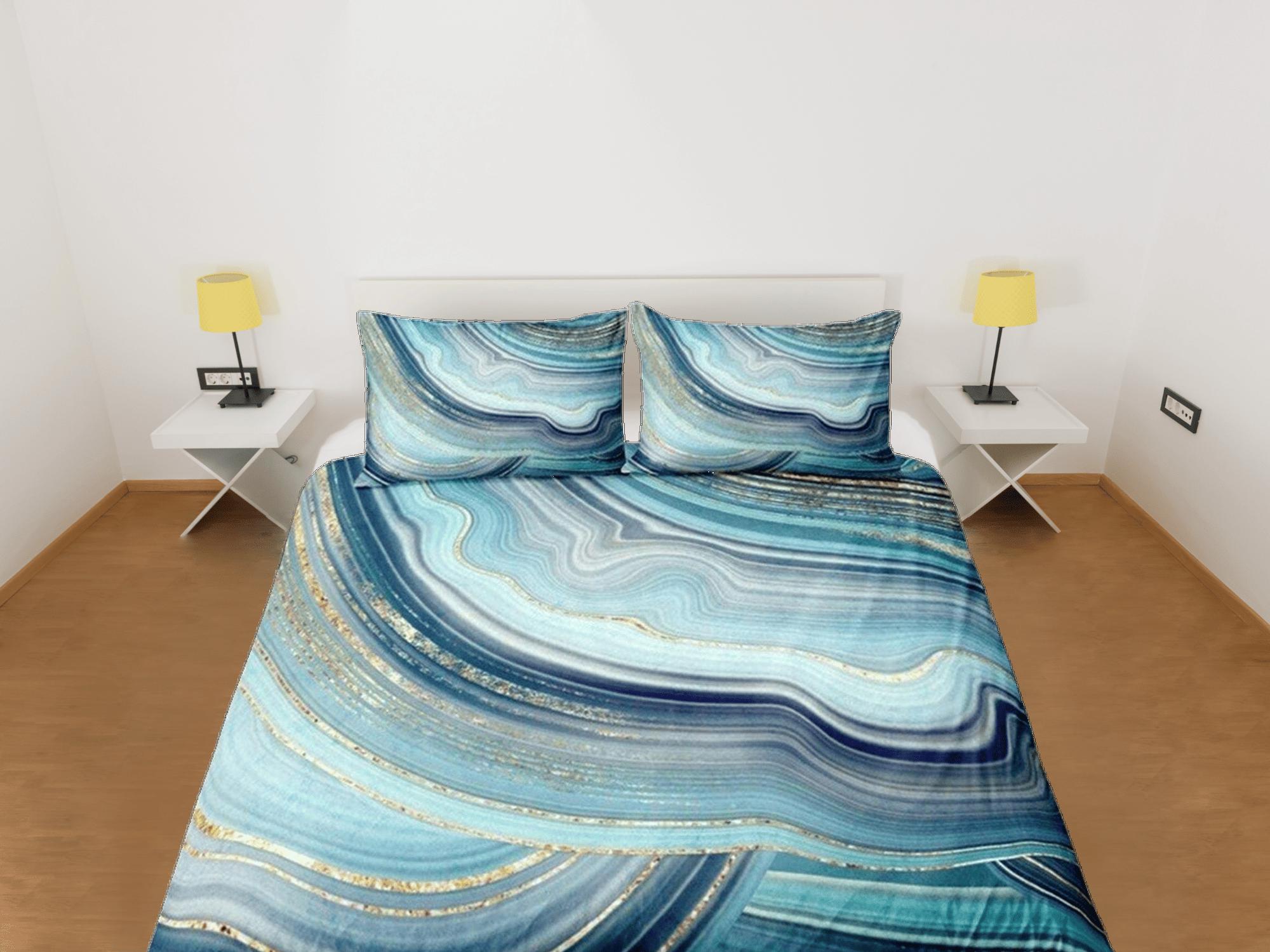 daintyduvet Contemporary bedroom set sapphire blue aesthetic duvet cover, luxury gold marble abstract art room decor boho chic bedding set full