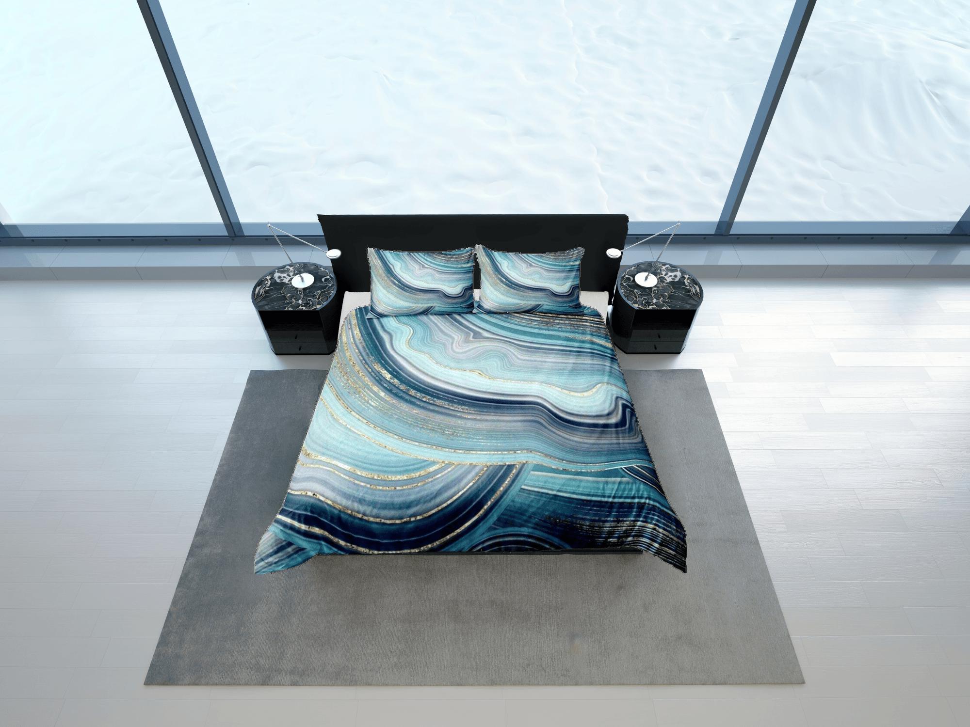 daintyduvet Contemporary bedroom set sapphire blue aesthetic duvet cover, luxury gold marble abstract art room decor boho chic bedding set full
