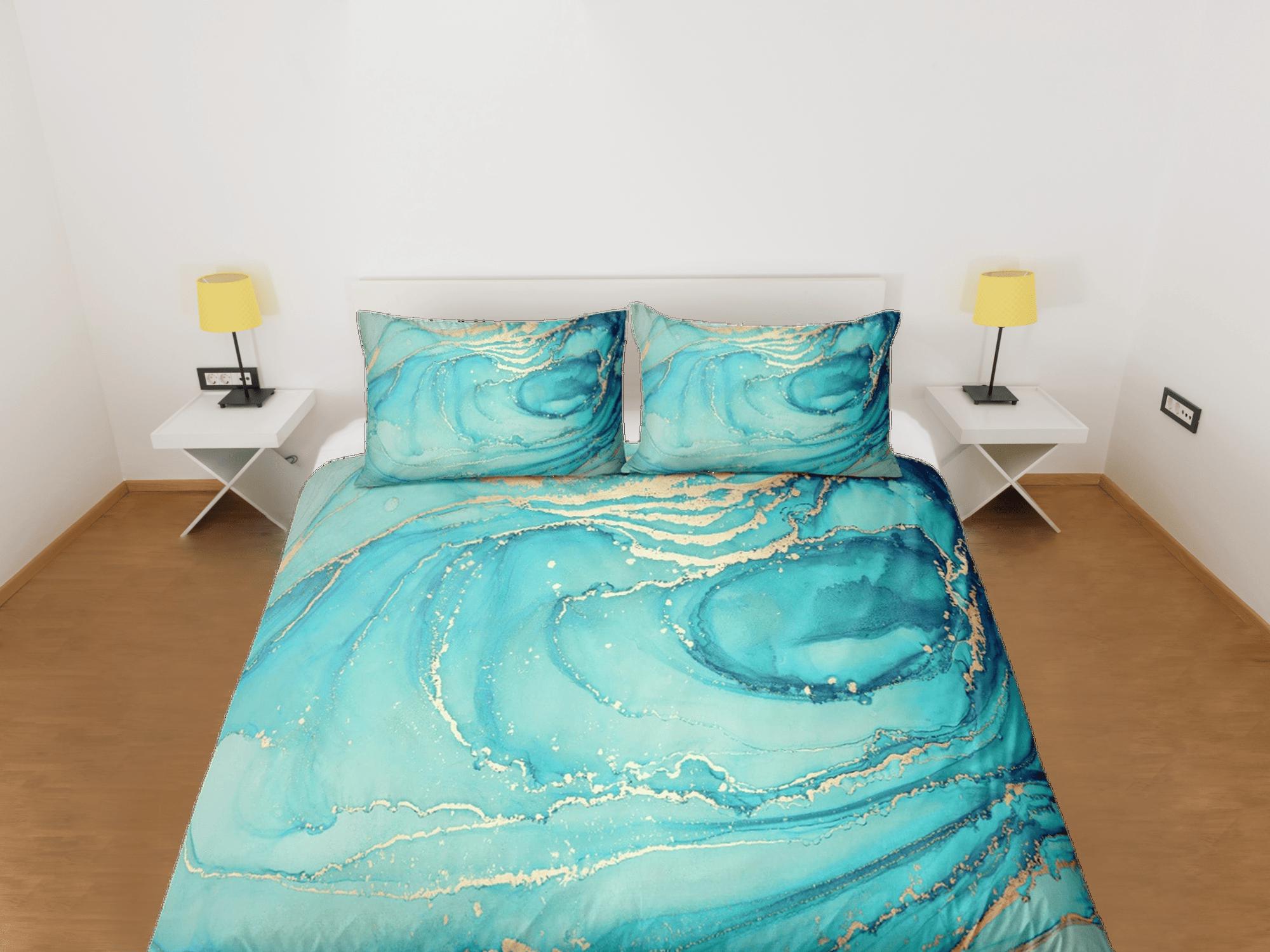 daintyduvet Contemporary bedroom set teal aesthetic duvet cover, luxury duvet gold marble abstract art room decor boho chic bedding set full king queen